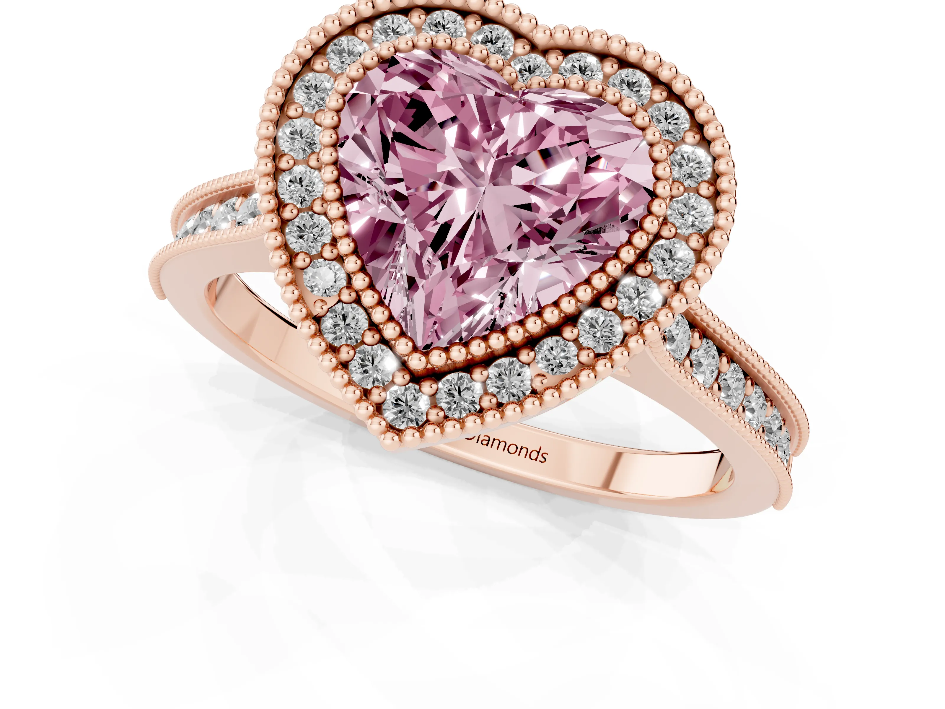 Fancy Pink Heart Cut Diamond Halo Milgrain Pavé Band Ring Set in Rose gold with Prong Setting