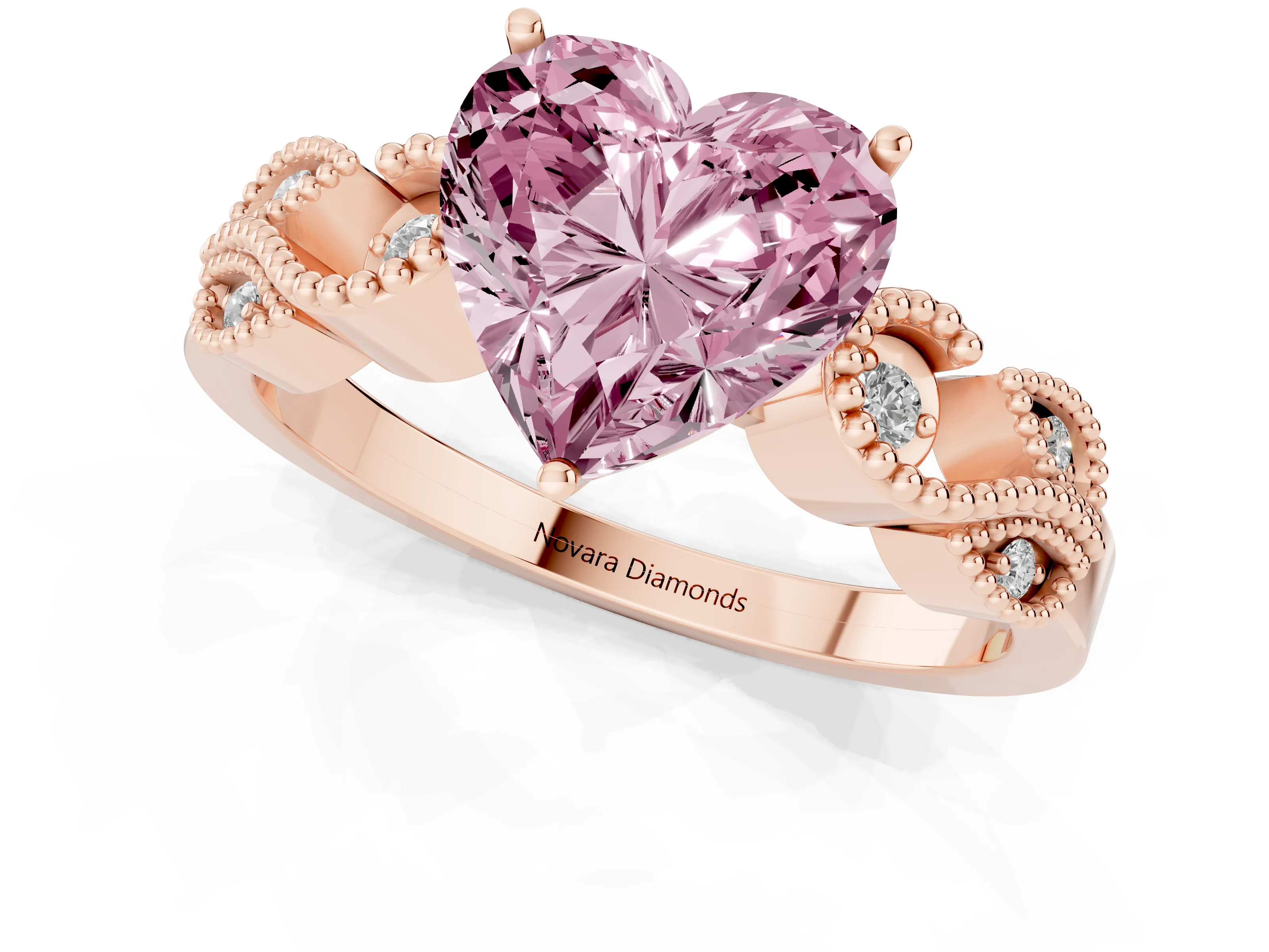Fancy Pink Heart Cut Diamond Milgrain Leaf Band Solitaire Ring Set in Rose gold with Accent Stones and Prong Setting