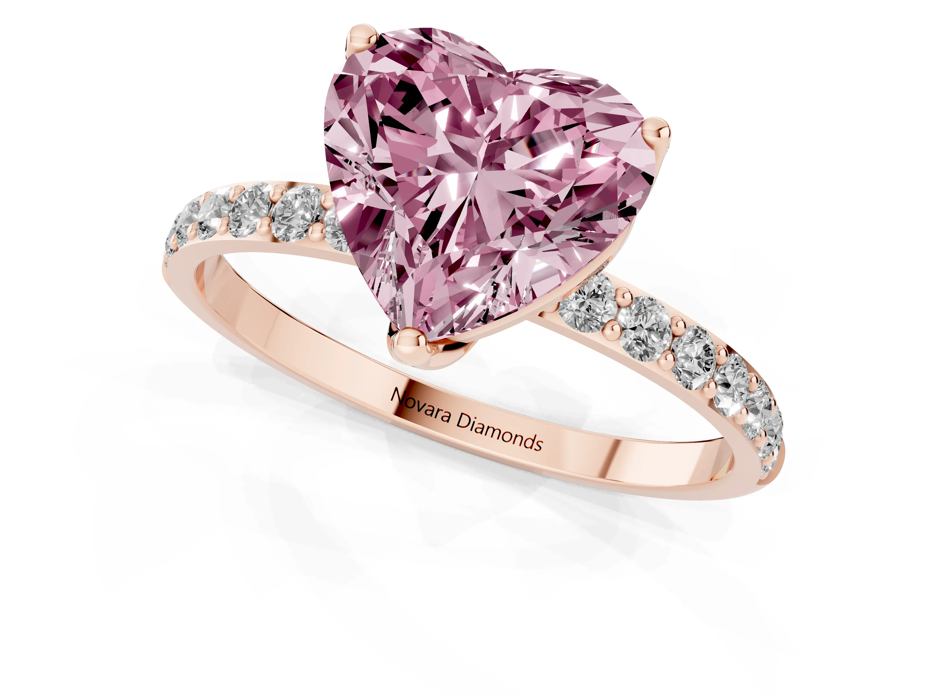 Fancy Pink Heart Cut Diamond Solitaire Engagement Ring Set in Rose gold with Round Pavé Band and Prong Setting