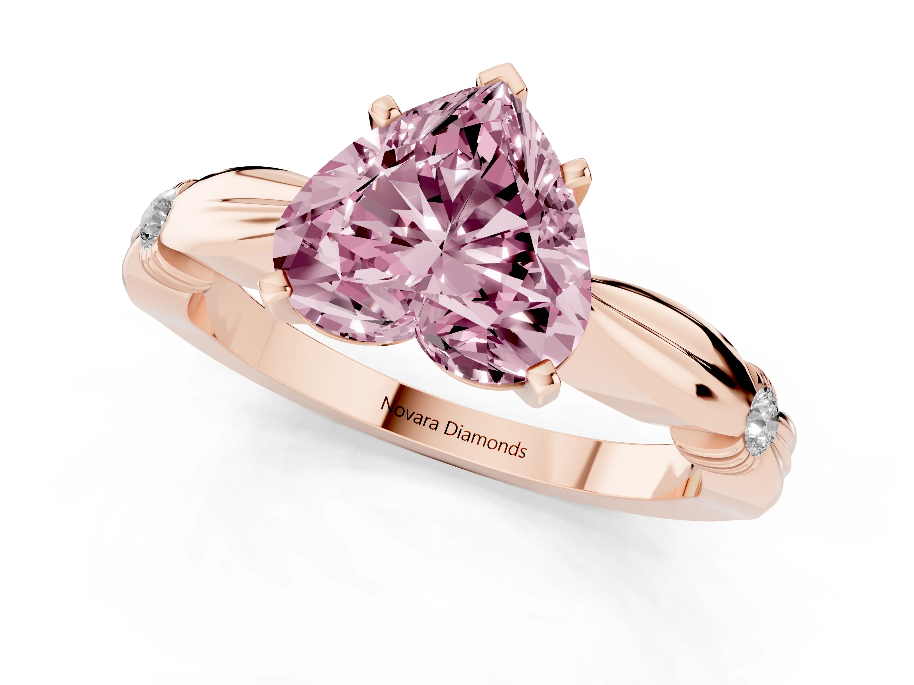Fancy Pink Heart Cut Diamond Solitaire Twisted Band Ring Set in Rose gold with Accent Stones and Prong Setting