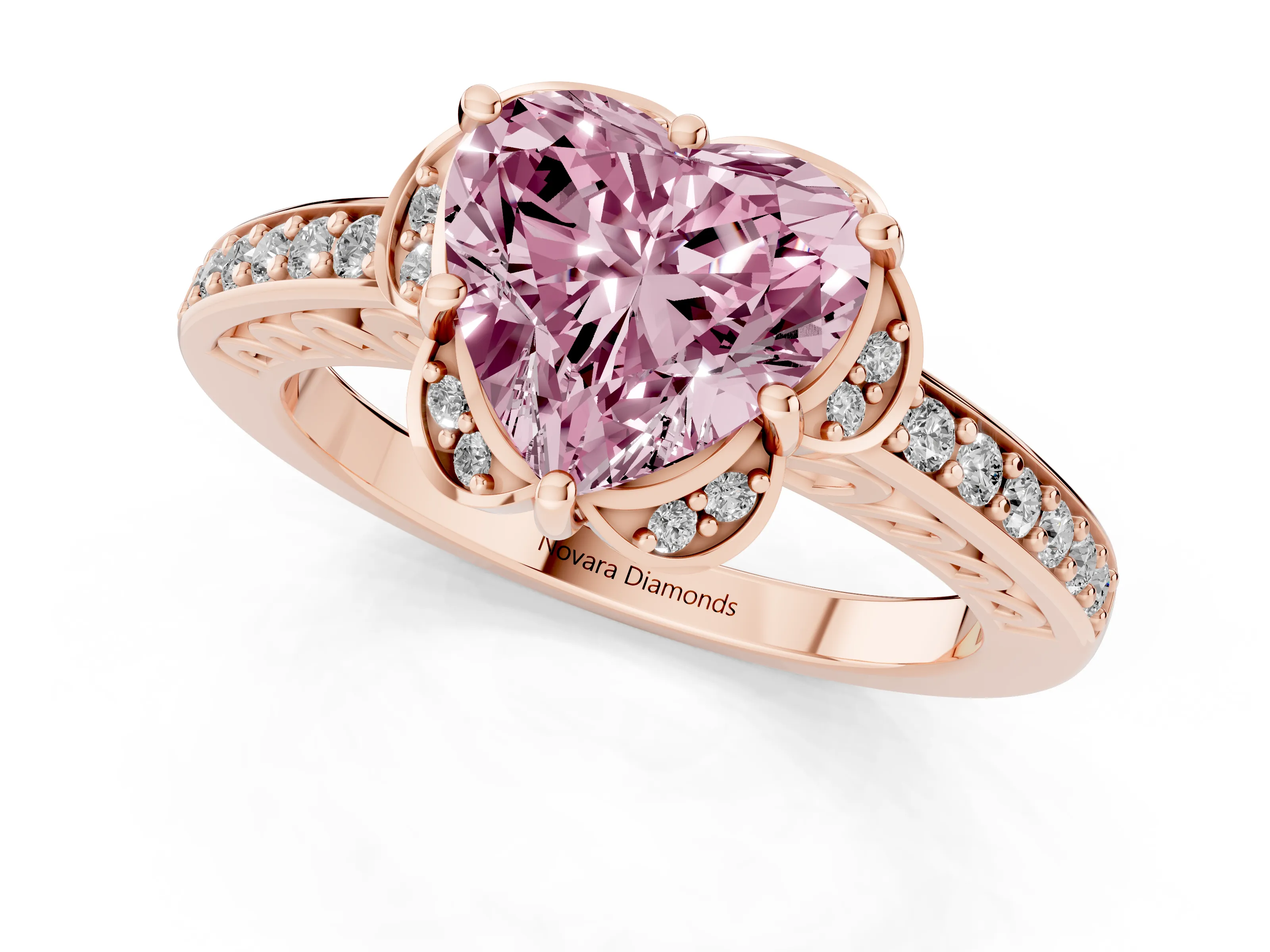Fancy Pink Heart Cut Diamond Halo Ring Set in Rose gold with Channel Set Band and Prong Setting