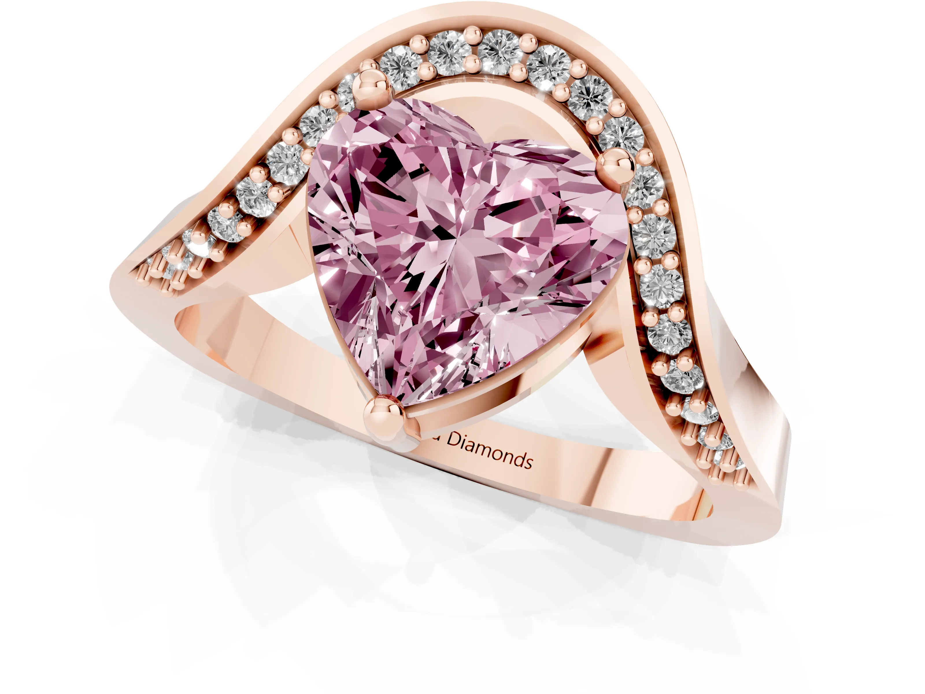 Fancy Pink Heart Cut Diamond Solitaire Engagement Ring Set in Rose gold with Pavé Shoulders