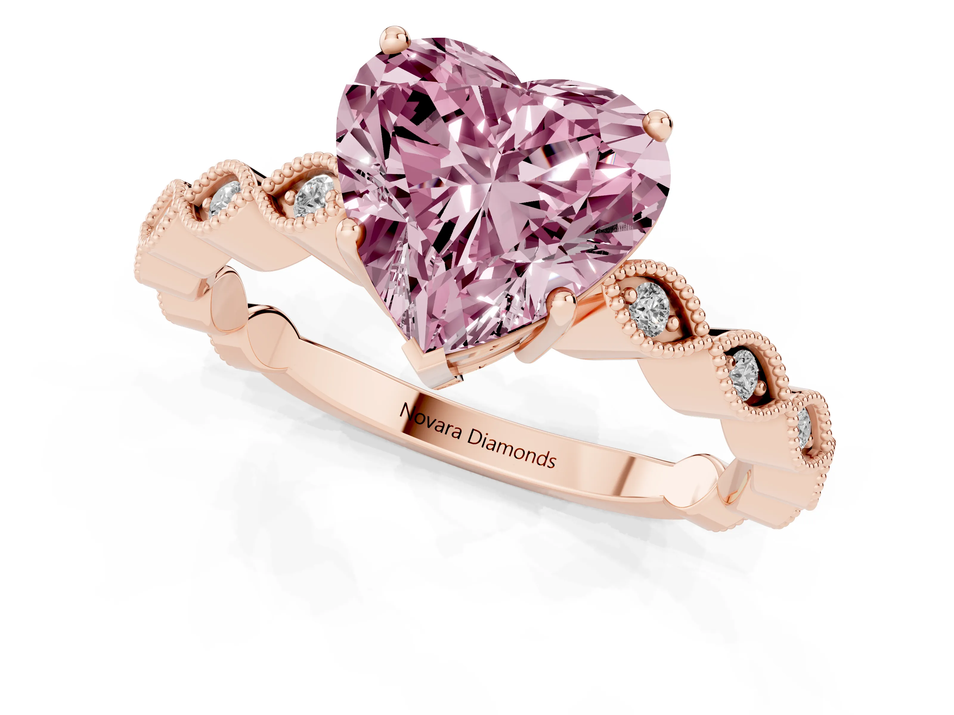 Fancy Pink Heart Cut Diamond Solitaire Ring Set in Rose gold with Infinity Twist Pavé Band
