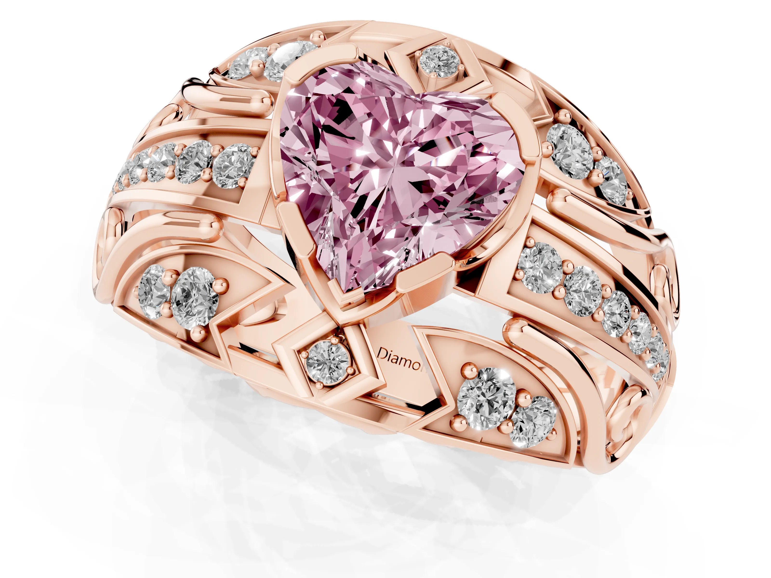 Fancy Pink Heart Cut Diamond Art Deco Ring Set in Rose gold with Pavé Split Shank
