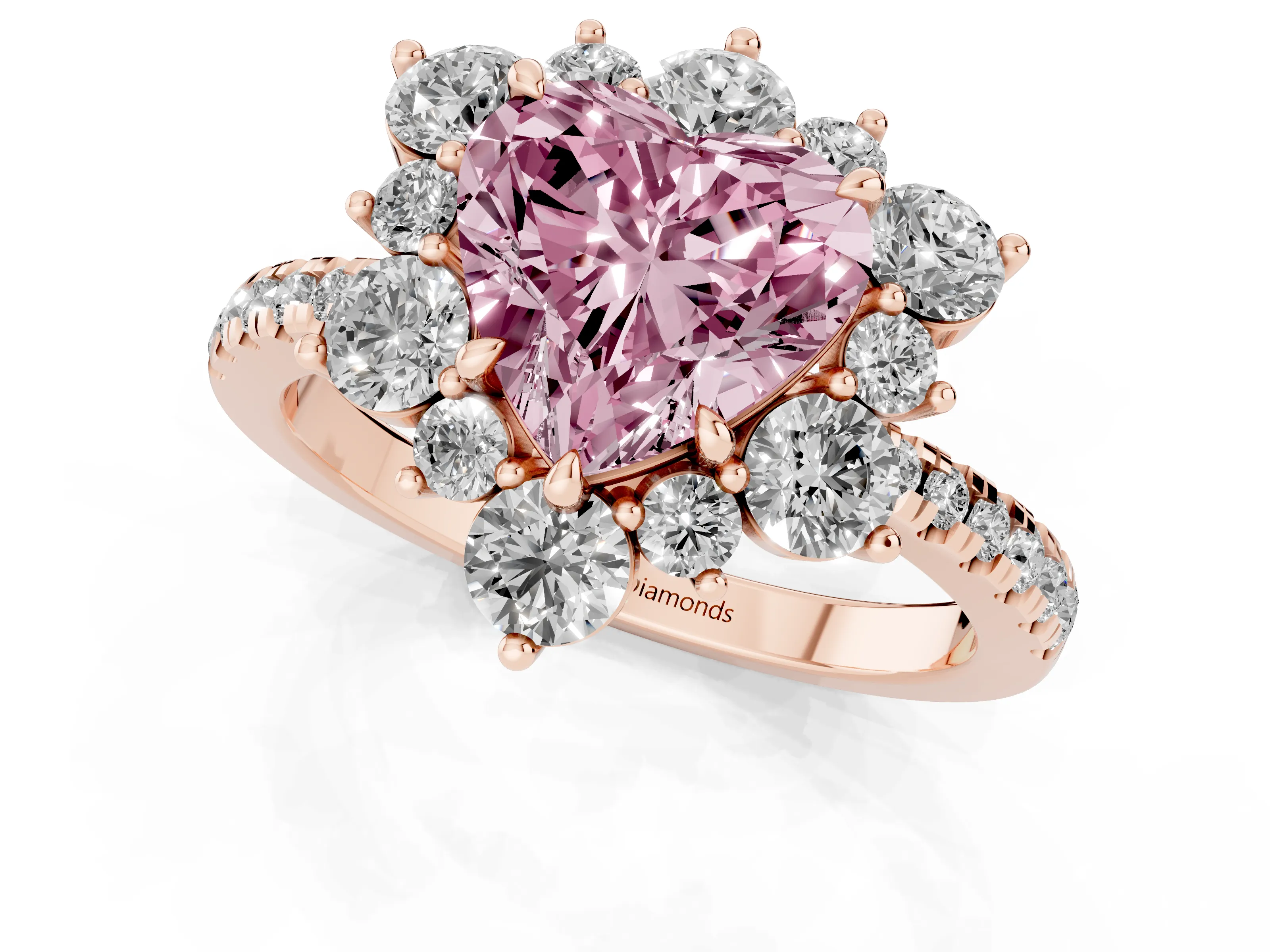 Fancy Pink Heart Cut Diamond Floral Halo Ring Set in Rose gold with Round Pavé Band and Prong Setting