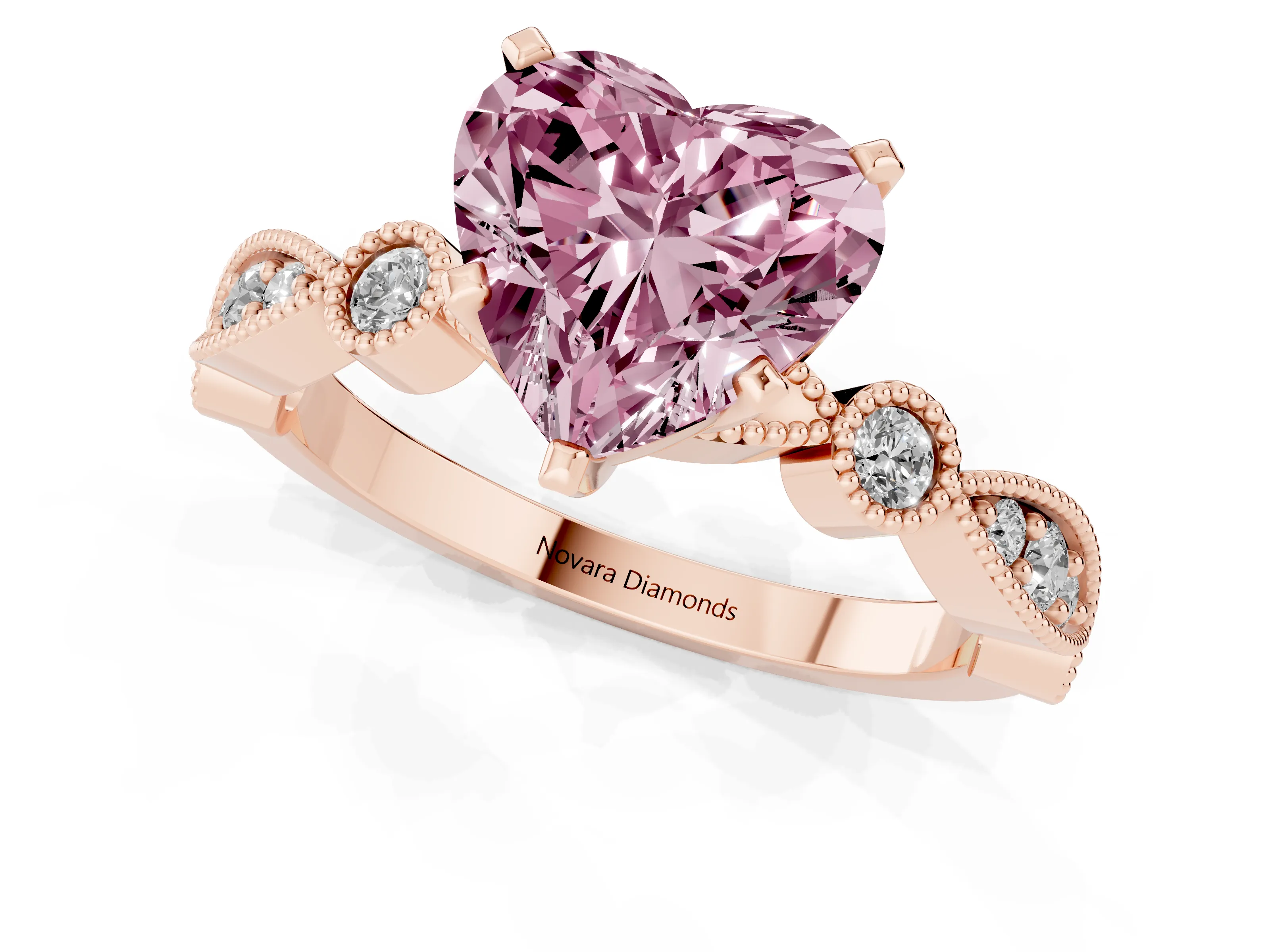 Fancy Pink Heart Cut Diamond Solitaire Engagement Ring Set in Rose gold with Milgrain Bezel Accent Band