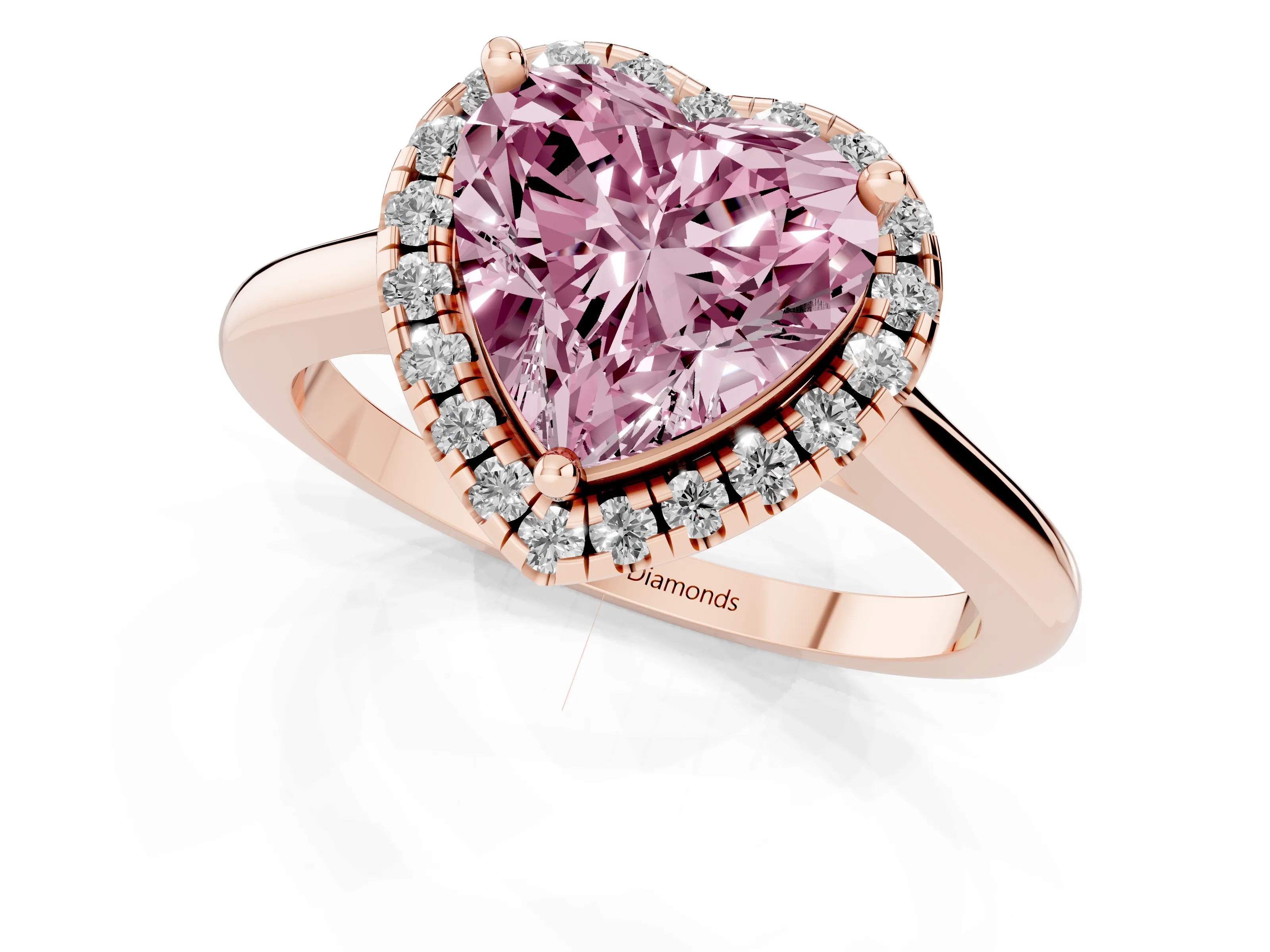Fancy Pink Heart Cut Diamond Halo Engagement Ring Set in Rose gold with Pavé Band and Rising Shoulders