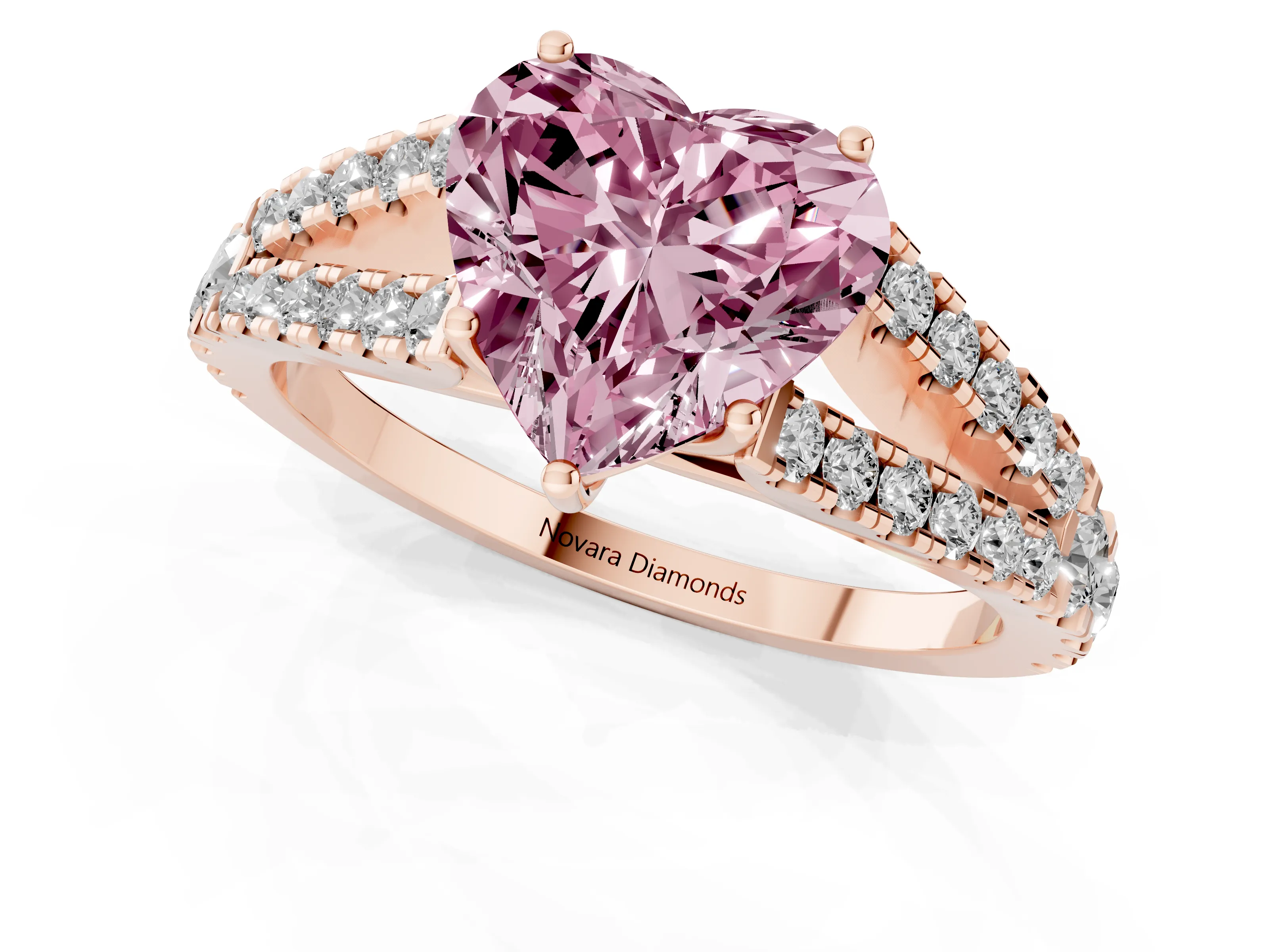 Fancy Pink Heart Cut Diamond Split Shank Pavé Engagement Ring Set in Rose gold with Prong-Held Center Stone
