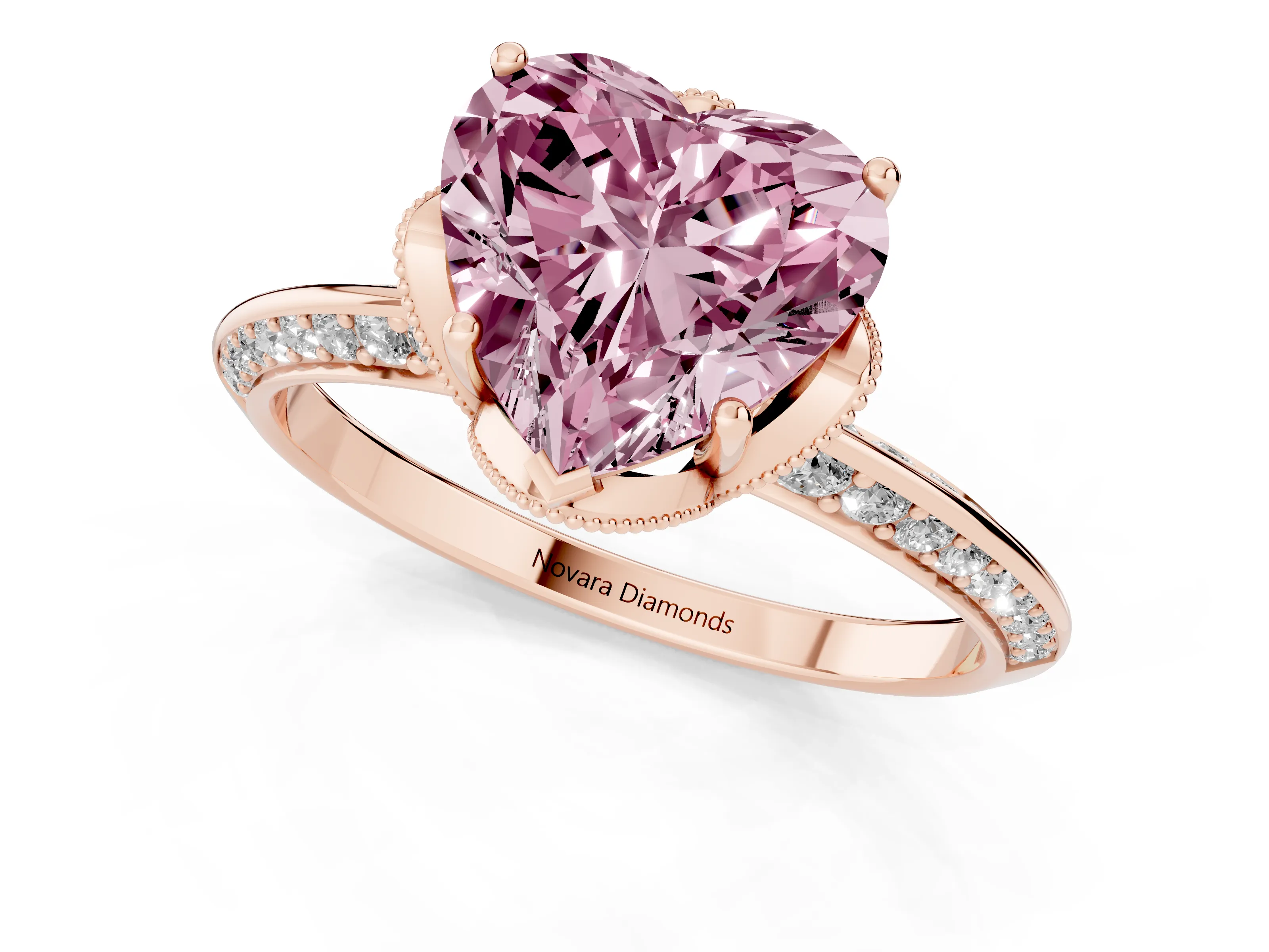 Fancy Pink Heart Cut Diamond Solitaire Engagement Ring Set in Rose gold with Pavé Split Shank and Prong Setting