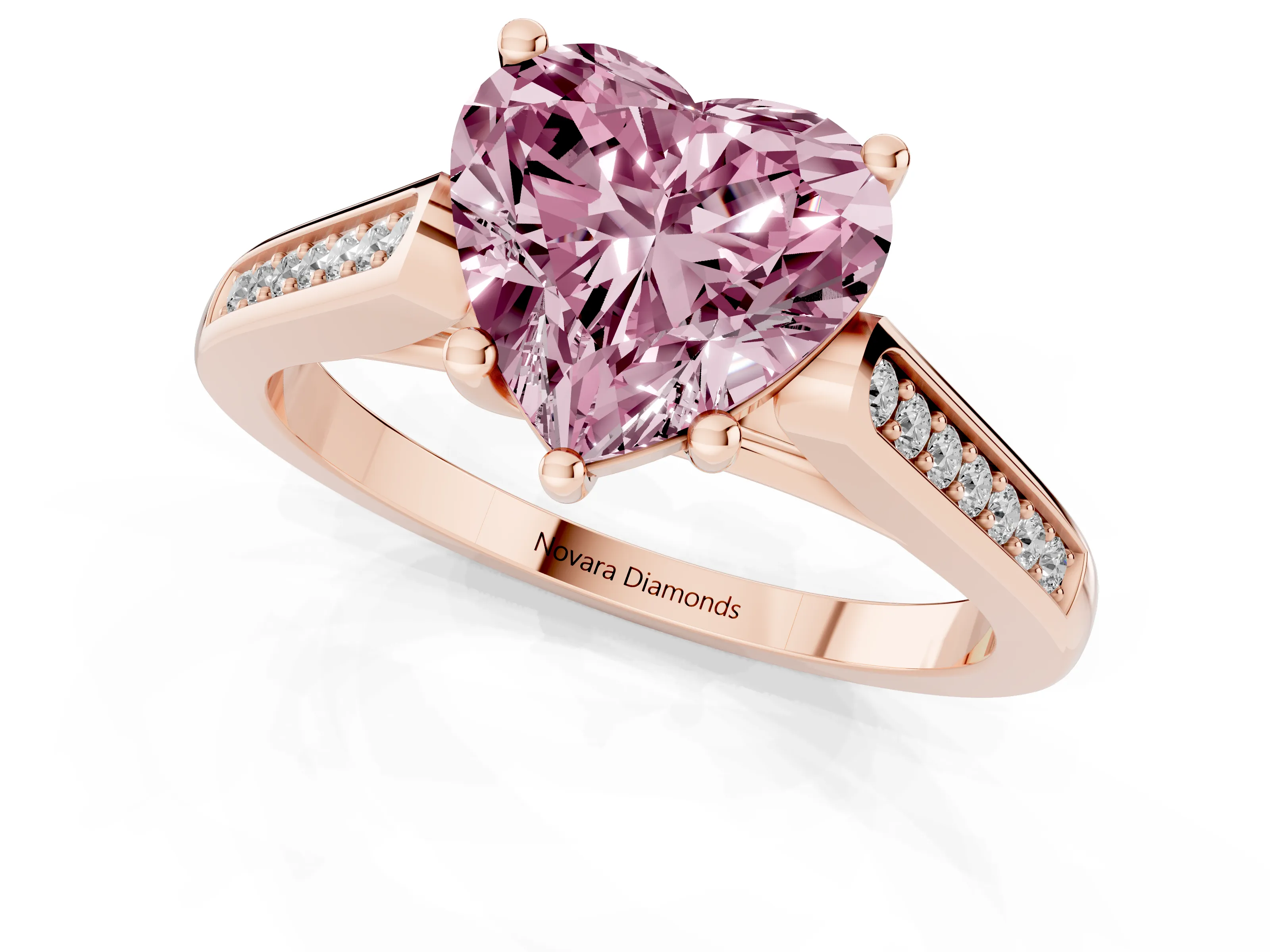 Fancy Pink Heart Cut Diamond Solitaire Cathedral Engagement Ring Set in Rose gold with Channel-Set Band and Prong Setting