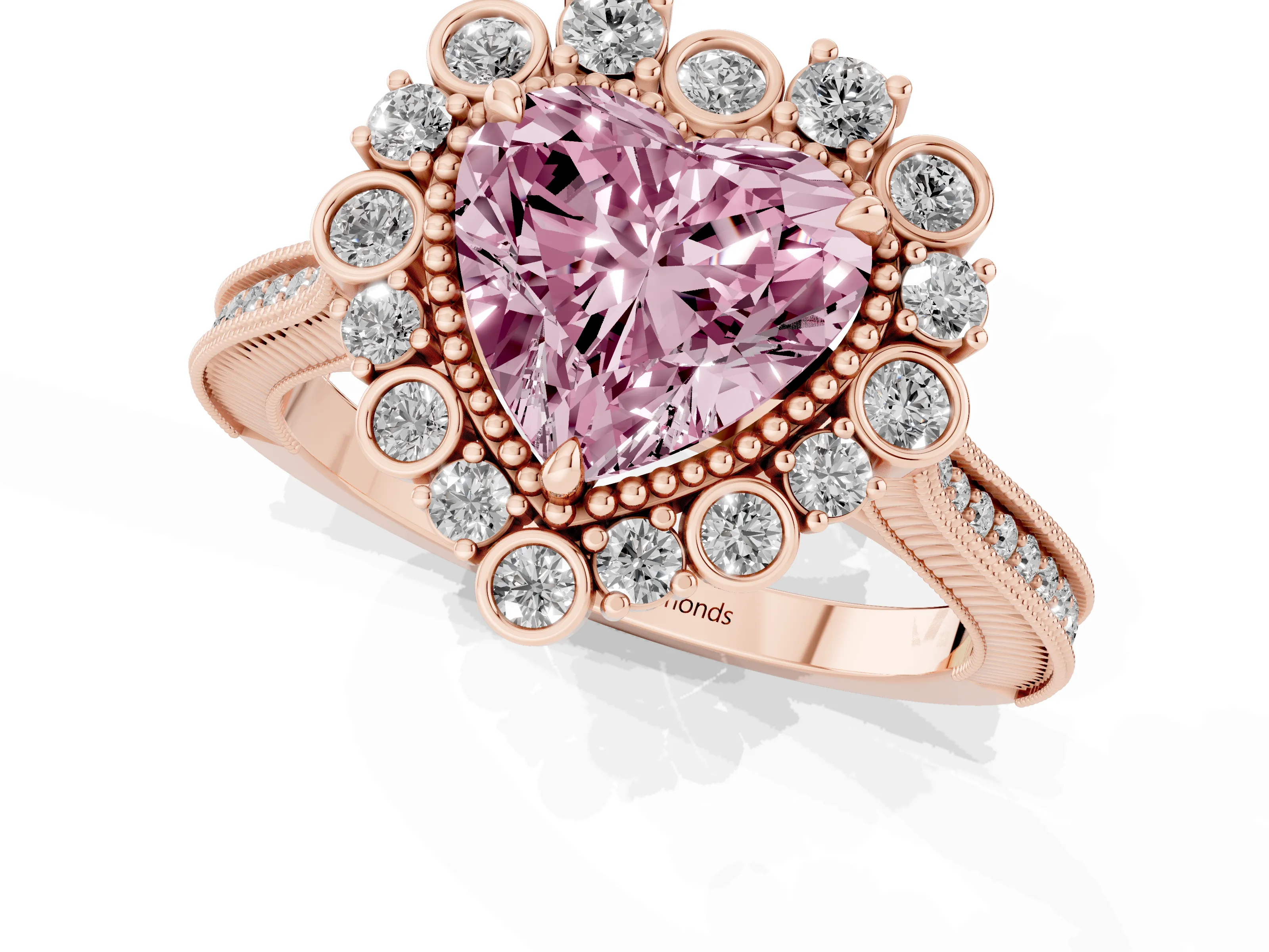 Fancy Pink Heart Cut Diamond Halo Milgrain Pavé Ring Set in Rose gold with Prong Setting