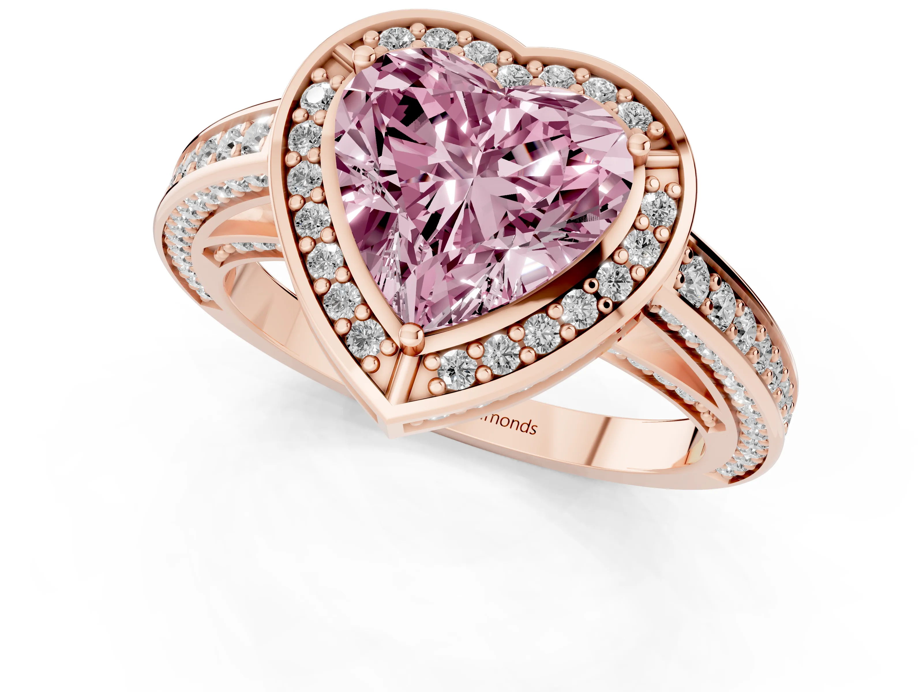 Fancy Pink Heart Cut Diamond Halo Pavé Split Shank Ring Set in Rose gold with Prong Setting