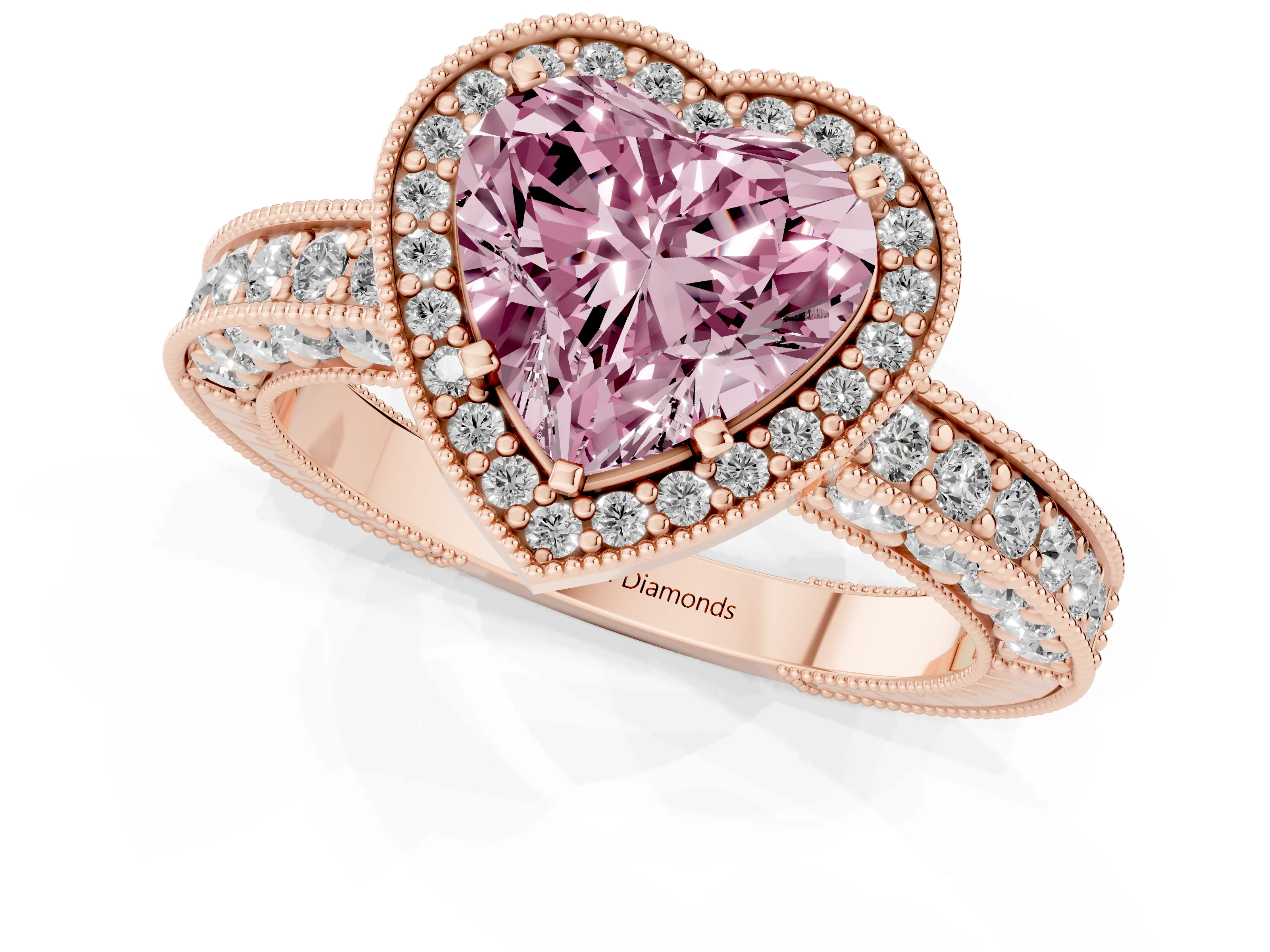 Fancy Pink Heart Cut Diamond Halo Pavé Band Ring Set in Rose gold with Prong-Set Center