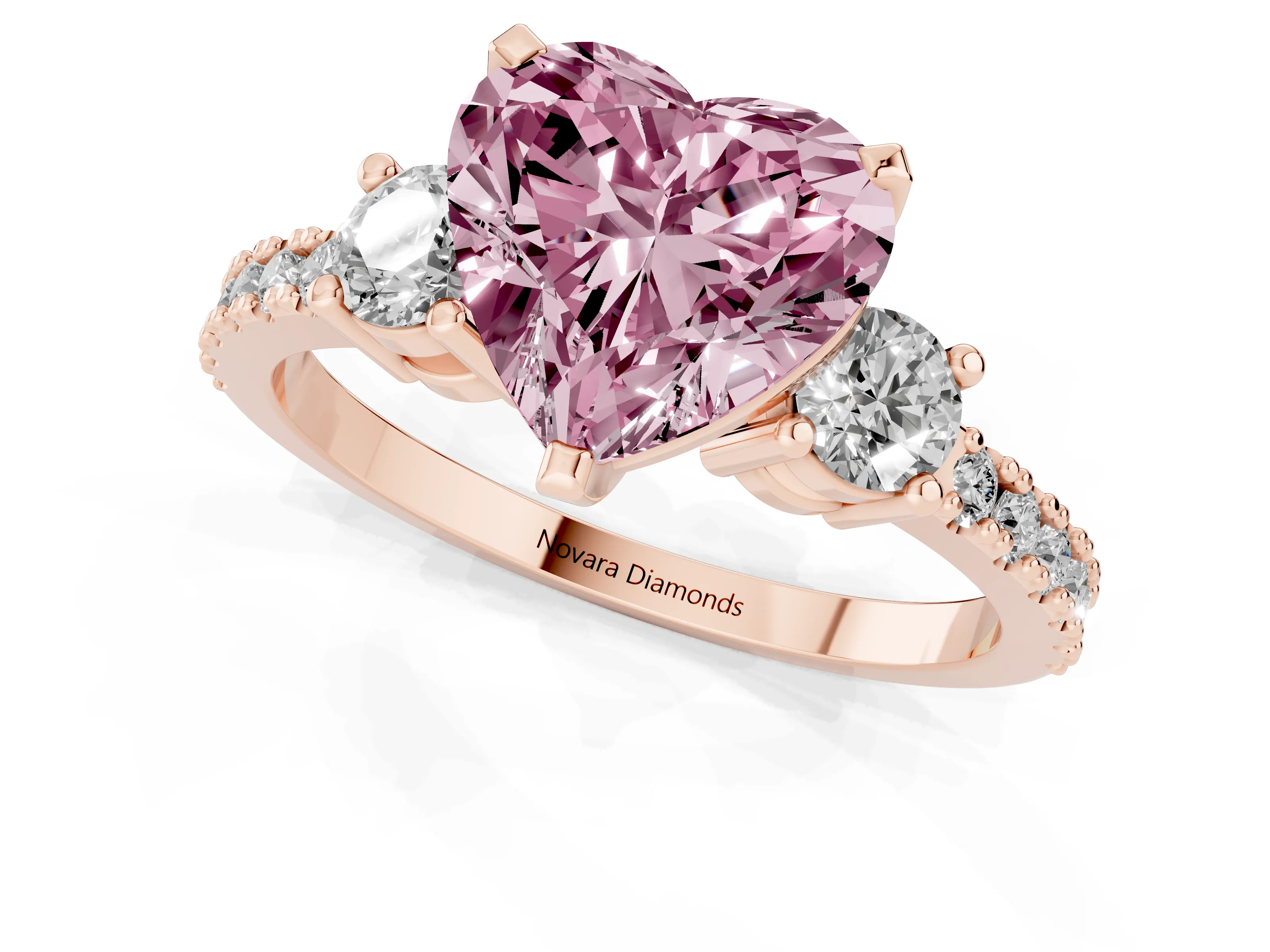 Fancy Pink Three-Stone Heart Cut Diamond Pavé Band Ring Set in Rose gold with Prong Setting