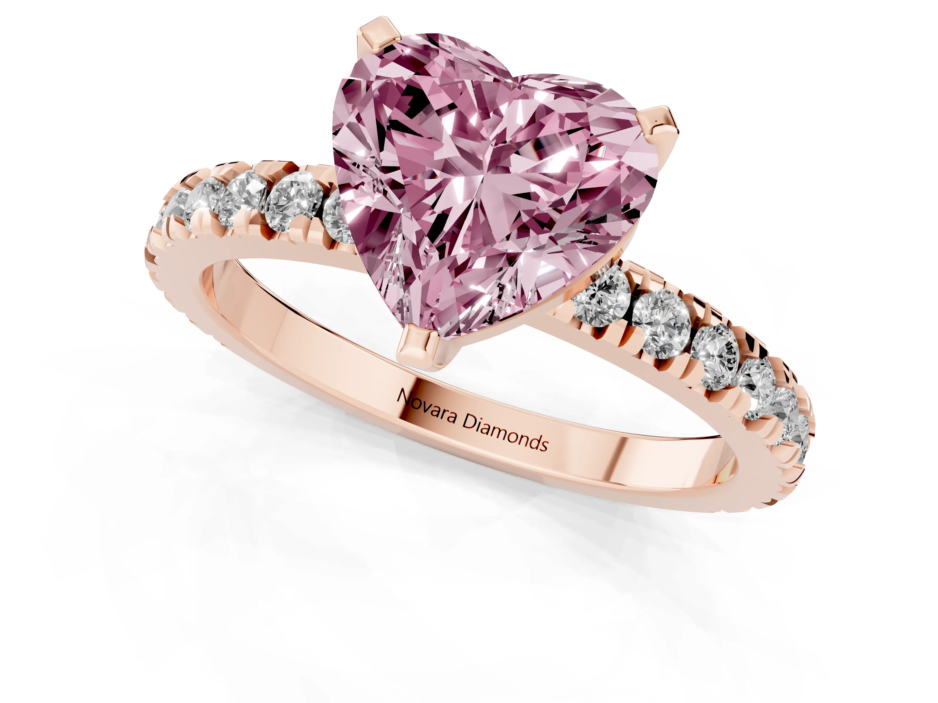 Fancy Pink Heart Cut Diamond Pavé Band Solitaire Set in Rose gold with Prong Setting