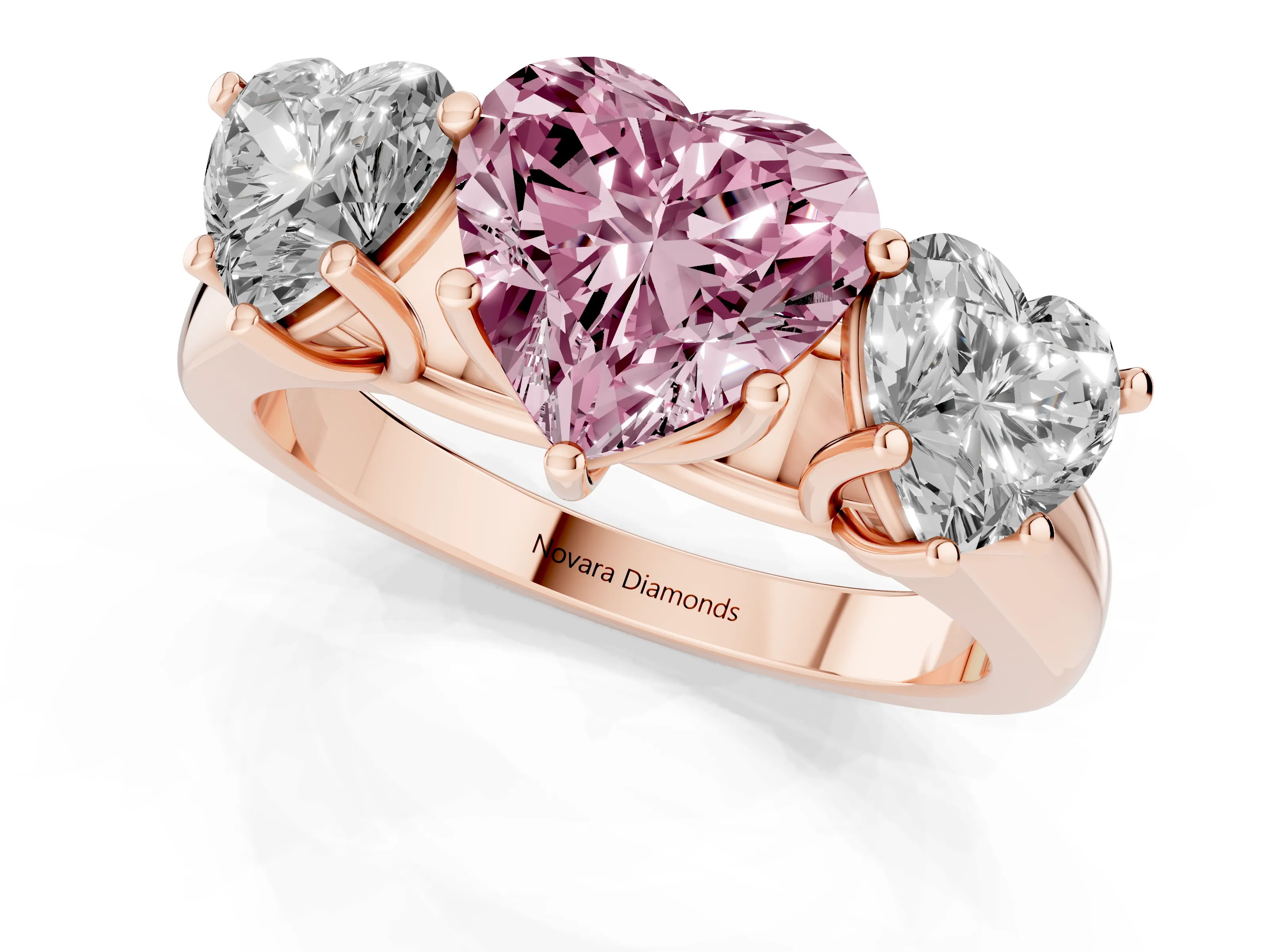 Fancy Pink Heart Cut Diamond Three-Stone Ring Set in Rose gold with Plain Polished Band