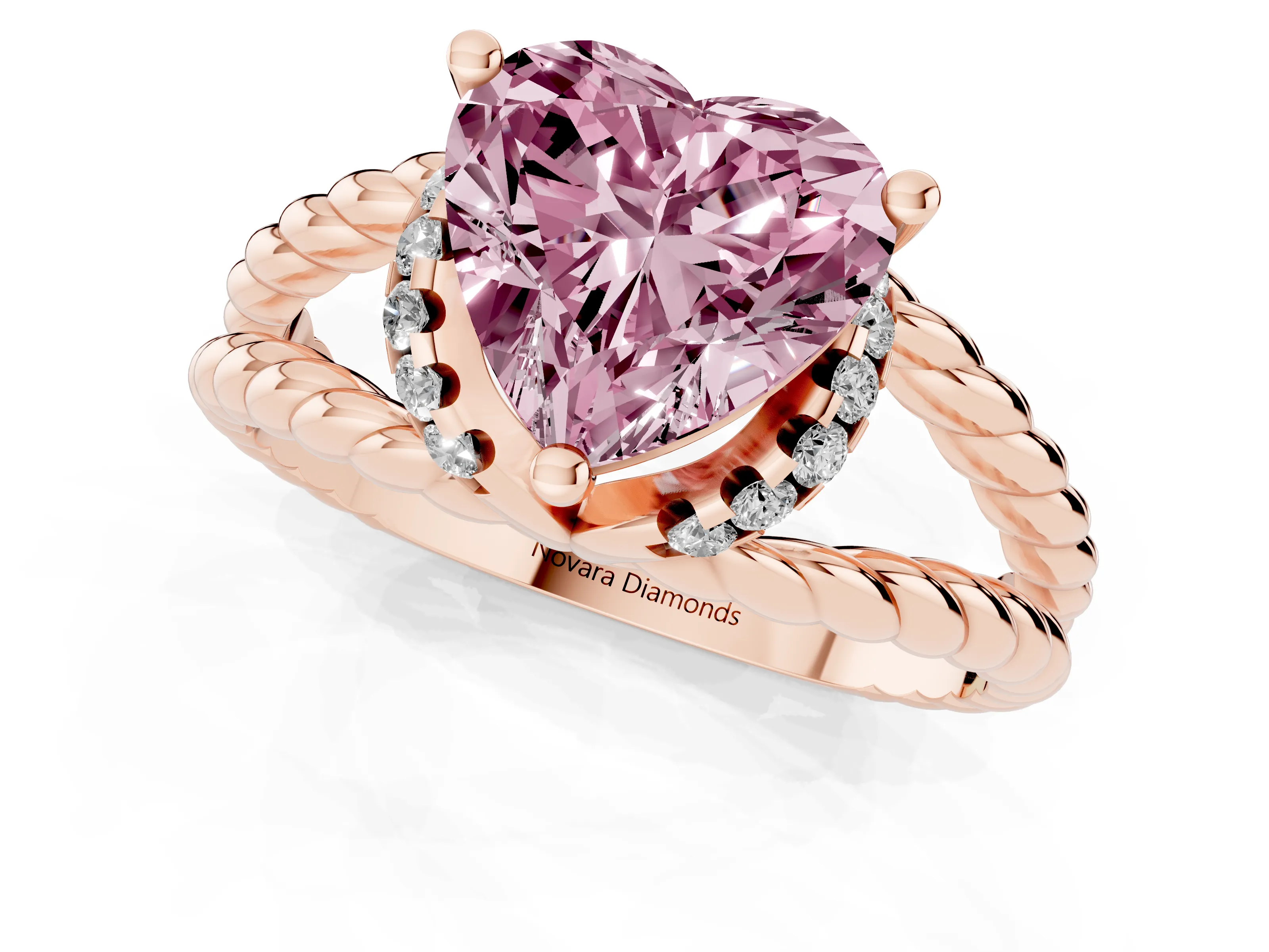 Fancy Pink Heart Cut Diamond Halo Ring Set in Rose gold with Twisted Band and Prong Setting