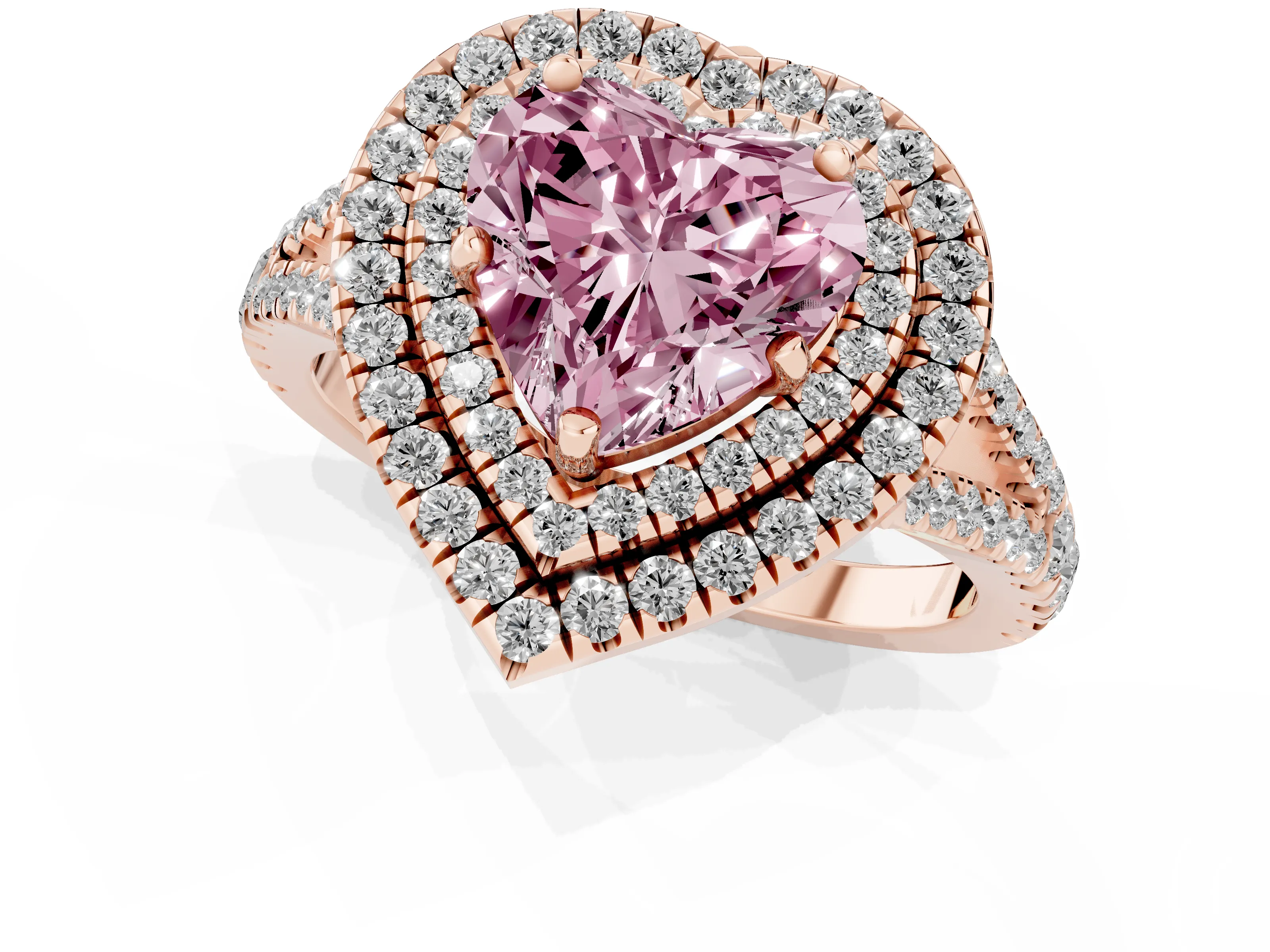 Fancy Pink Heart Cut Diamond Double Halo Ring Set in Rose gold with Pavé Band