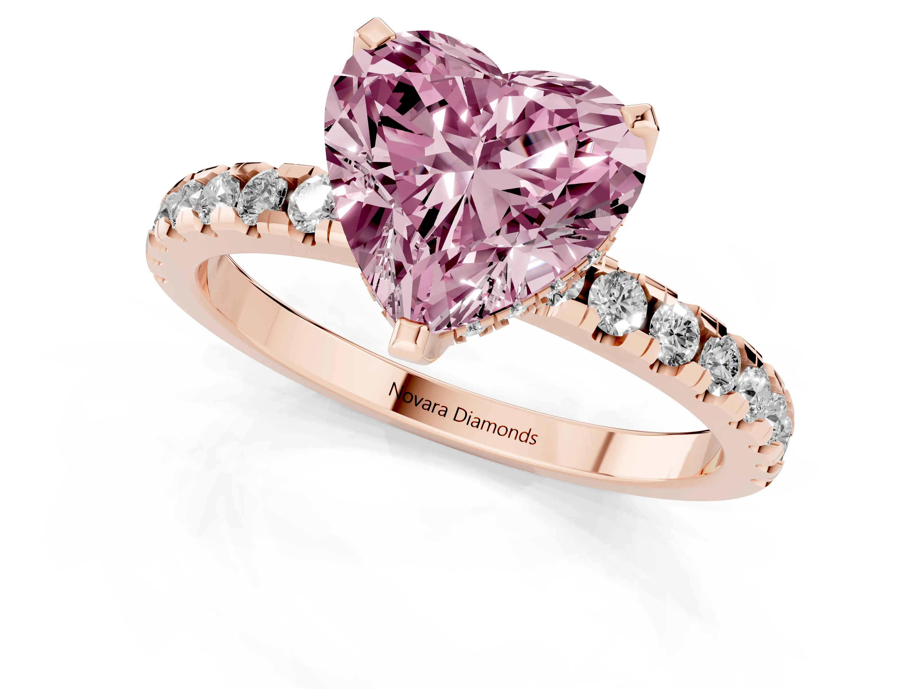 Fancy Pink Heart Cut Diamond Pavé Solitaire Ring Set in Rose gold with Round Band Accents and Prong Setting