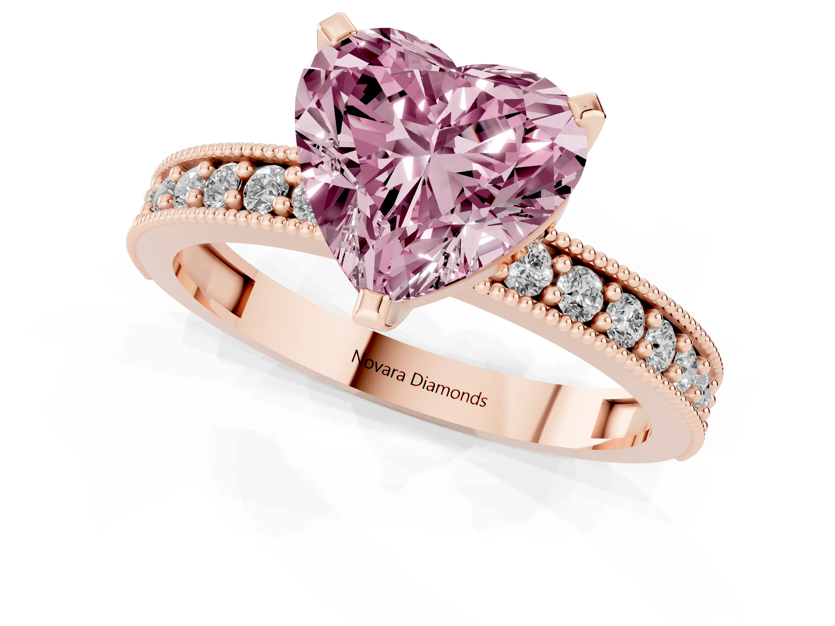 Fancy Pink Heart Cut Diamond Milgrain Pavé Engagement Ring Set in Rose gold with Prong Setting