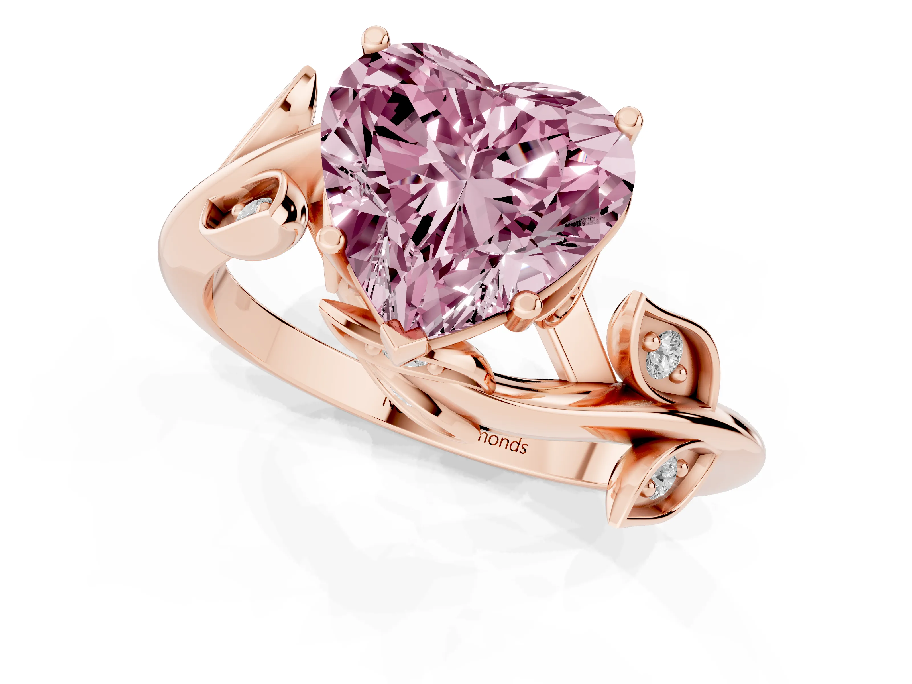 Fancy Pink Heart Cut Diamond Solitaire Twist Engagement Ring Set in Rose gold with Pavé Leaf Accents