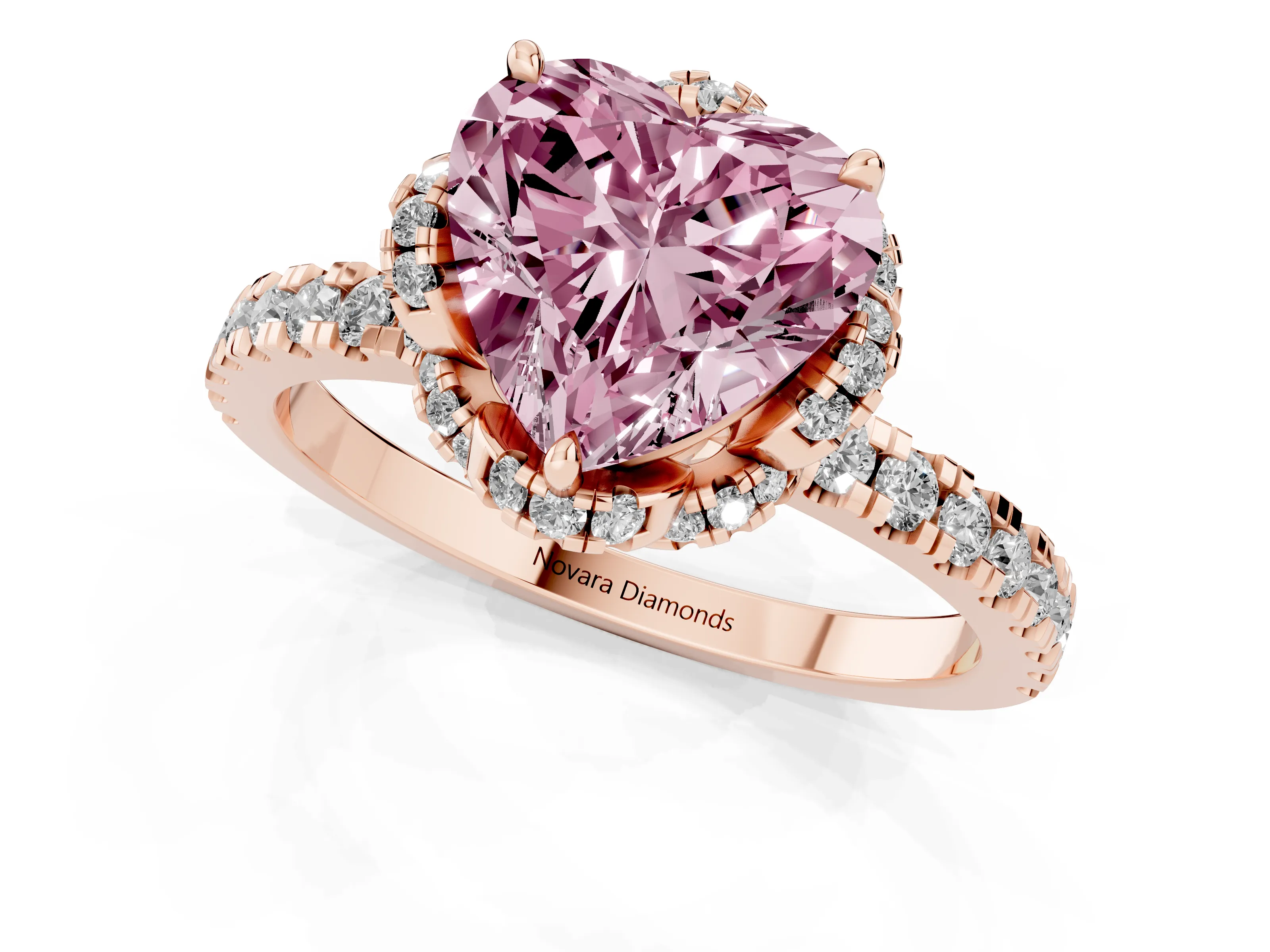 Fancy Pink Heart Cut Diamond Halo Pavé Band Ring Set in Rose gold with Prong-Held Center