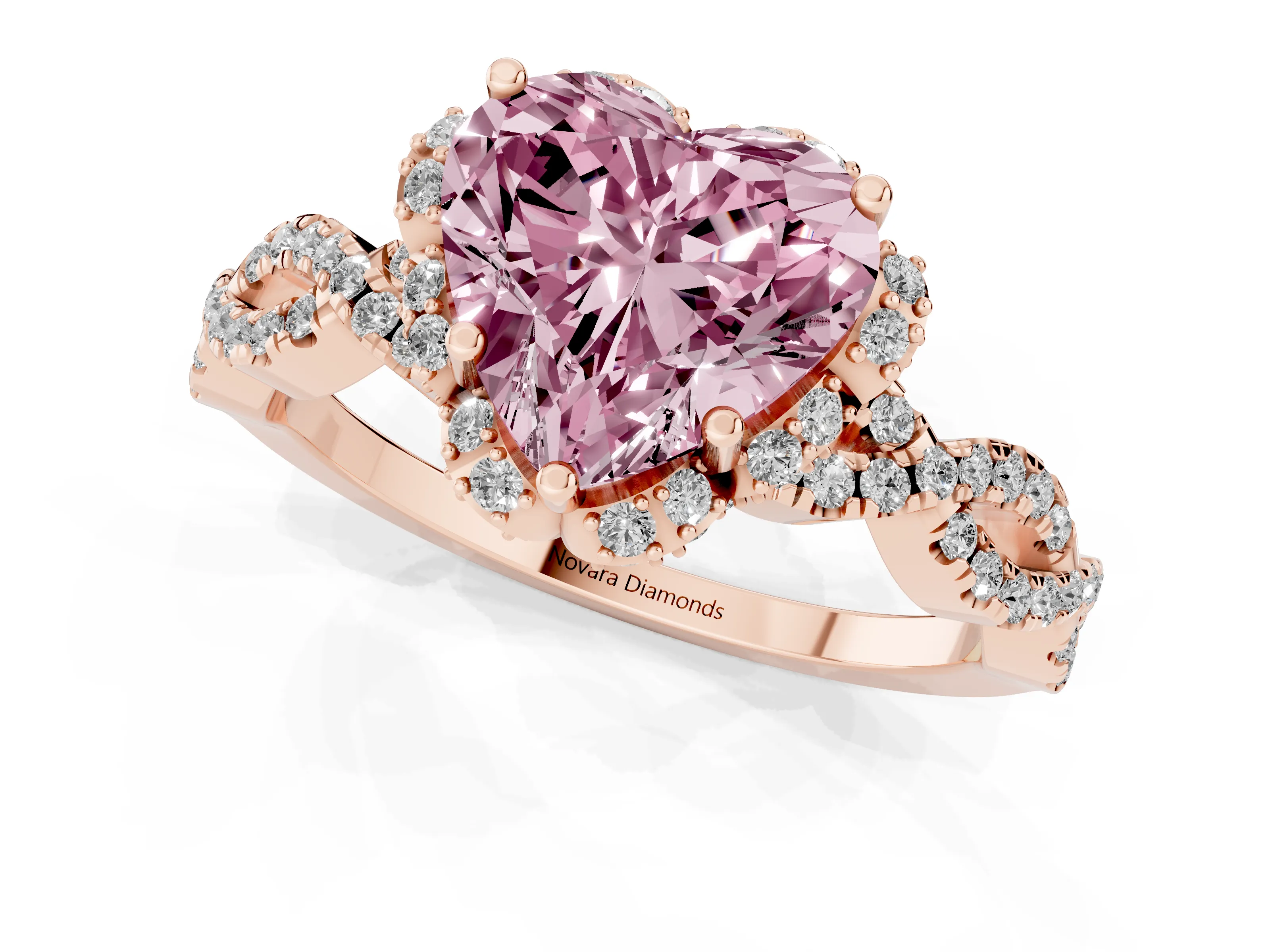 Fancy Pink Heart Cut Diamond Halo Twist Band Solitaire Ring Set in Rose gold with Prong-Set Center Stone