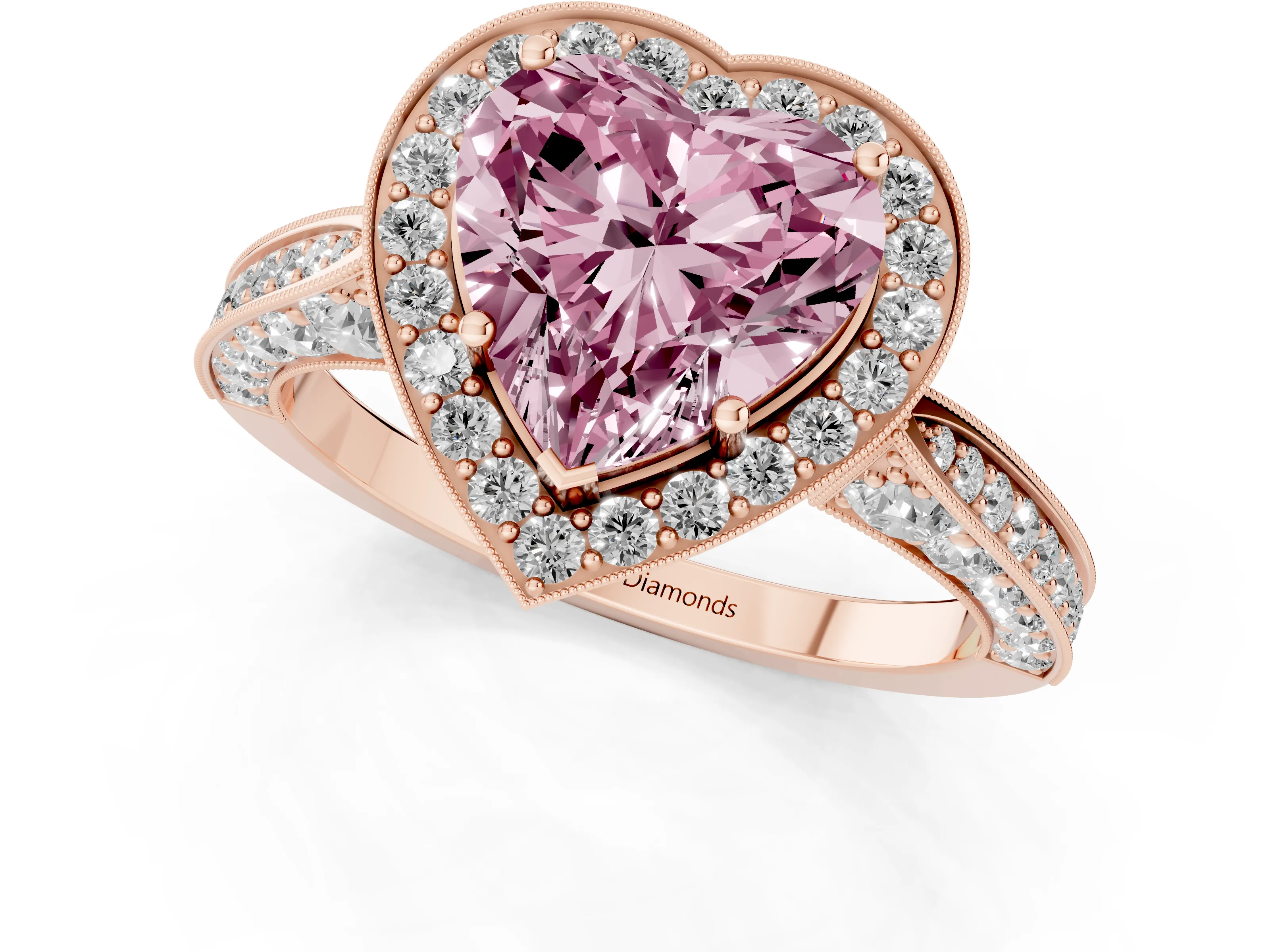 Fancy Pink Heart Cut Diamond Halo Engagement Ring Set in Rose gold with Accent Split Shank Band