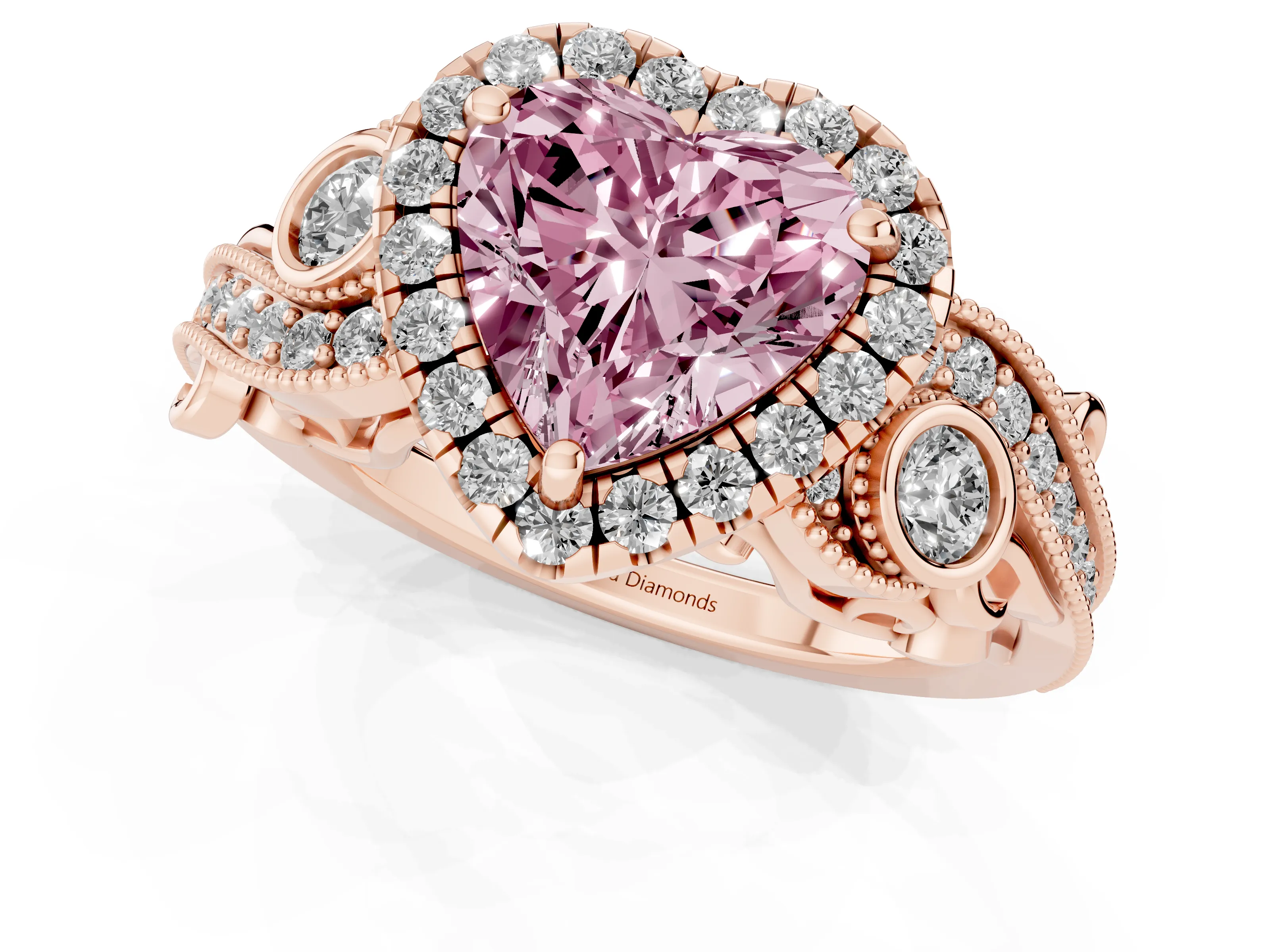 Fancy Pink Heart Cut Diamond Halo Ring Set in Rose gold with Milgrain Pavé Band and Prong Setting