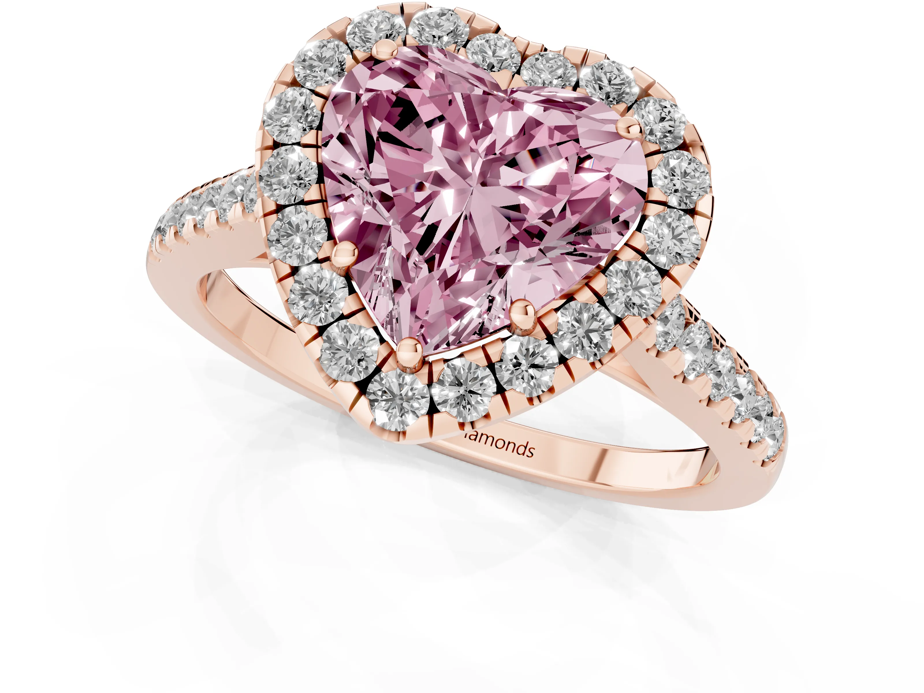 Fancy Pink Heart Cut Diamond Halo Pavé Engagement Ring Set in Rose gold with Prong Setting