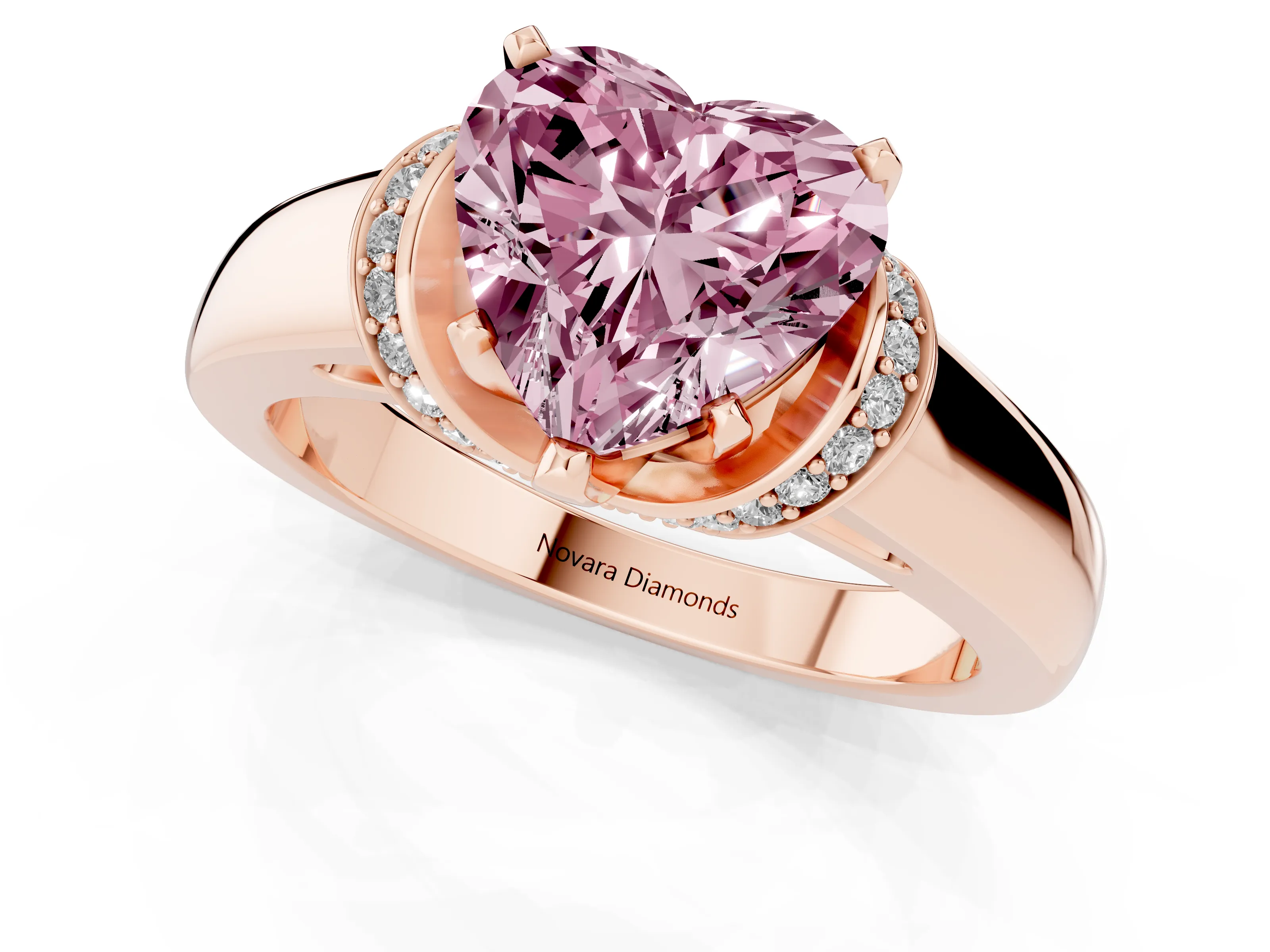 Fancy Pink Heart Cut Diamond Pavé Band Solitaire Ring Set in Rose gold with Prong Setting