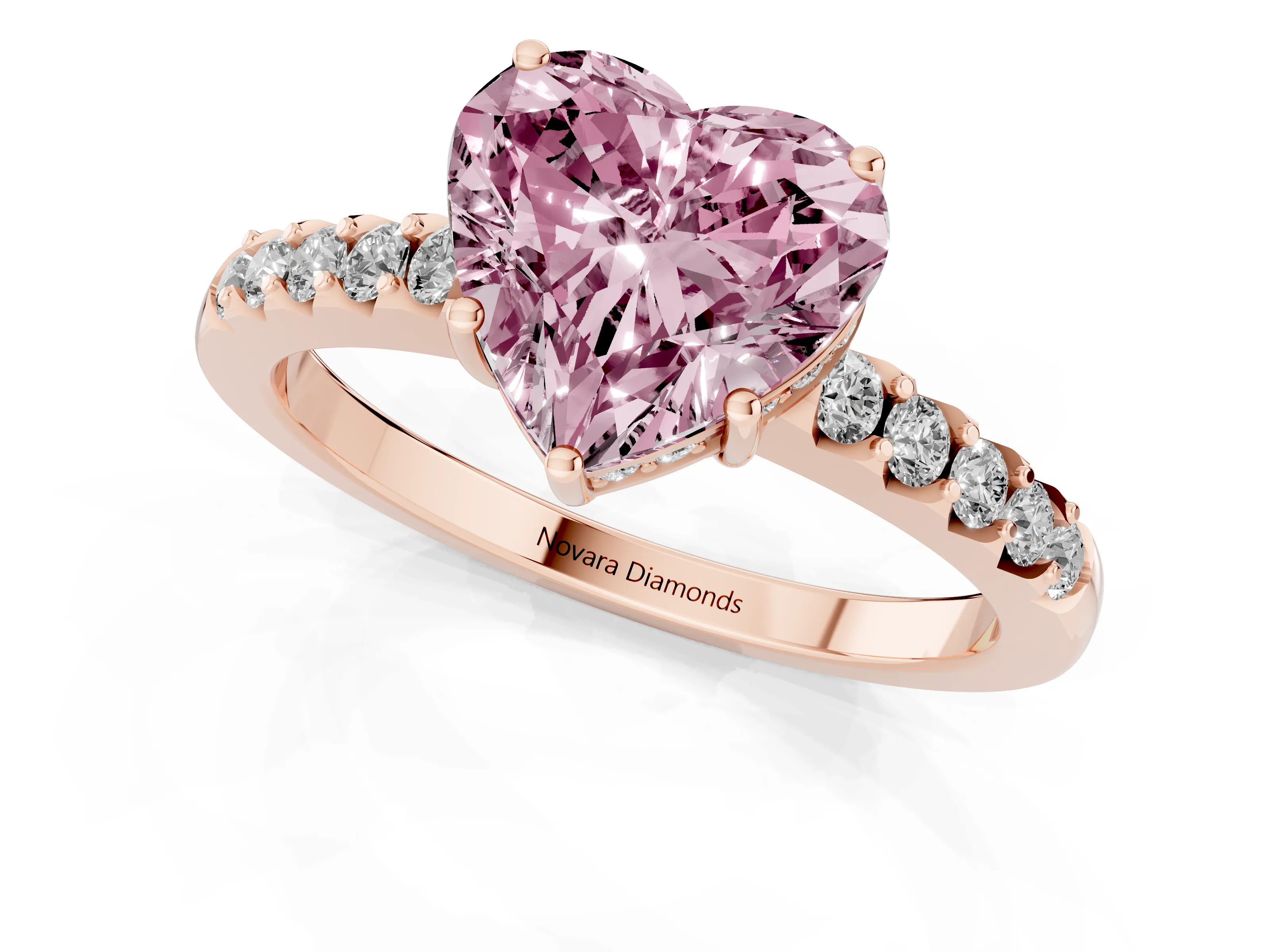 Fancy Pink Heart Cut Diamond Solitaire Engagement Ring Set in Rose gold with Pavé Band and Prong Setting