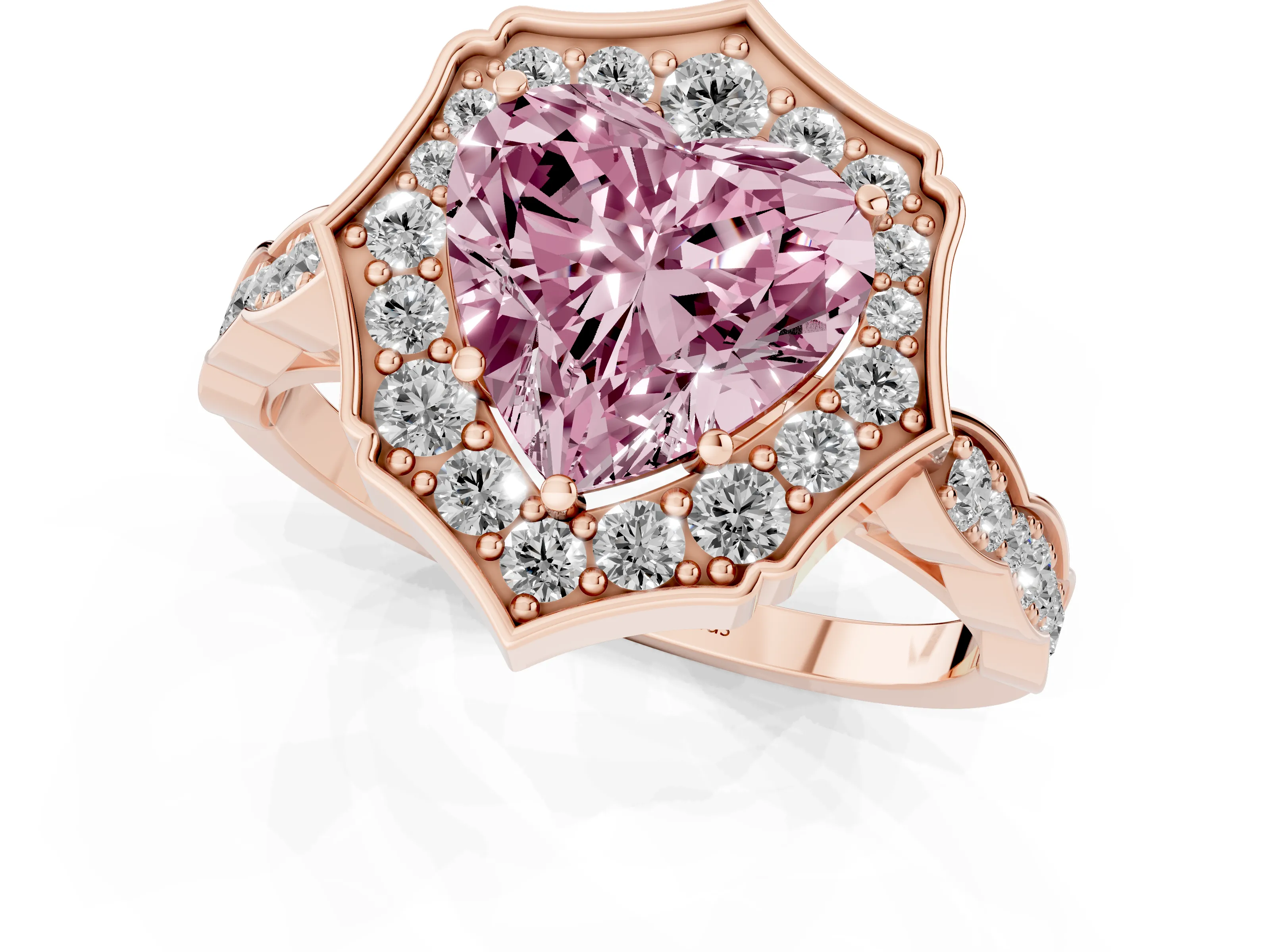 Fancy Pink Heart Cut Diamond Halo Engagement Ring Set in Rose gold with Milgrain Band and Prong Setting
