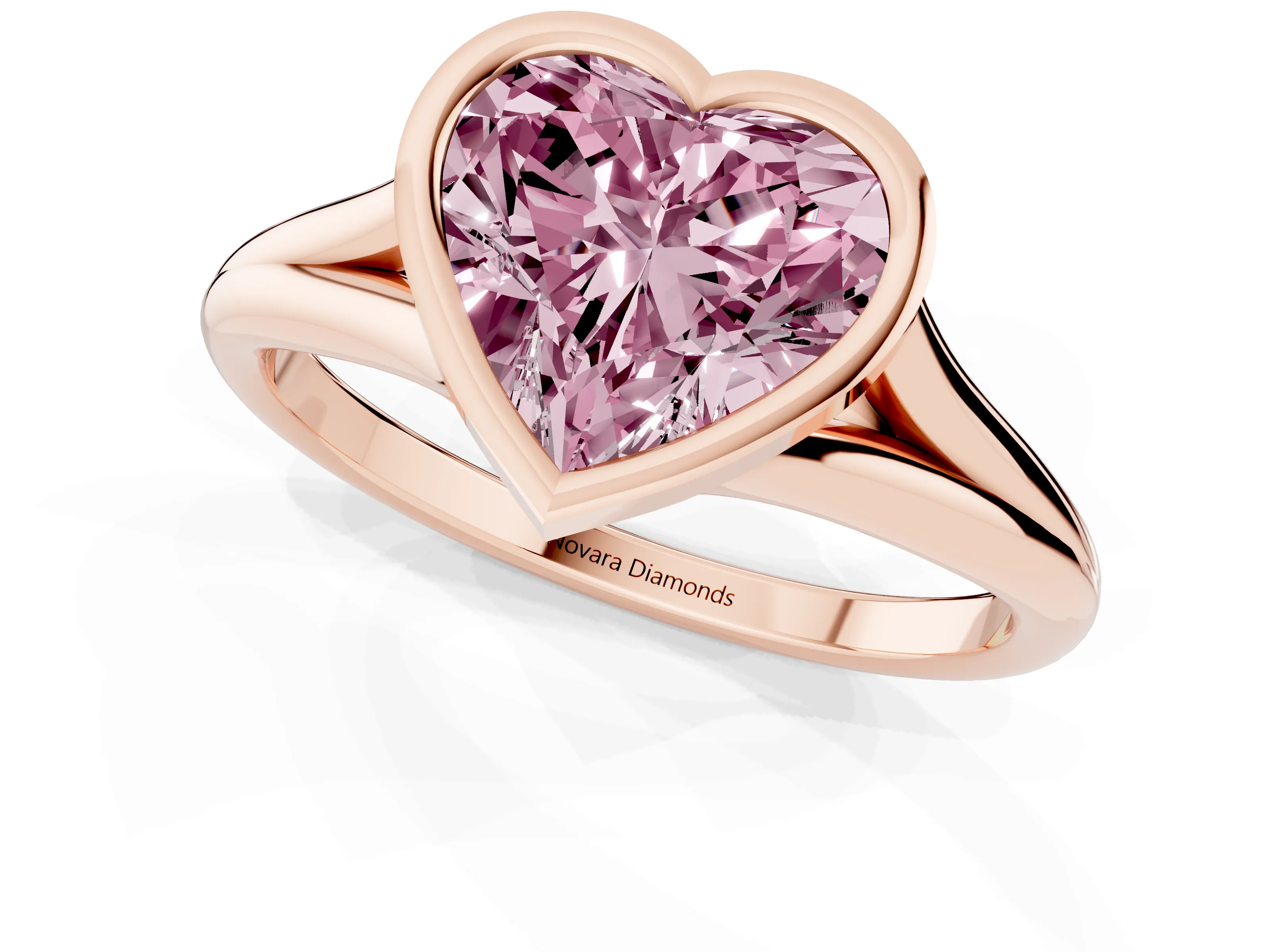 Fancy Pink Bezel Set Heart Cut Diamond Solitaire Ring Set in Rose gold with Tapered Band