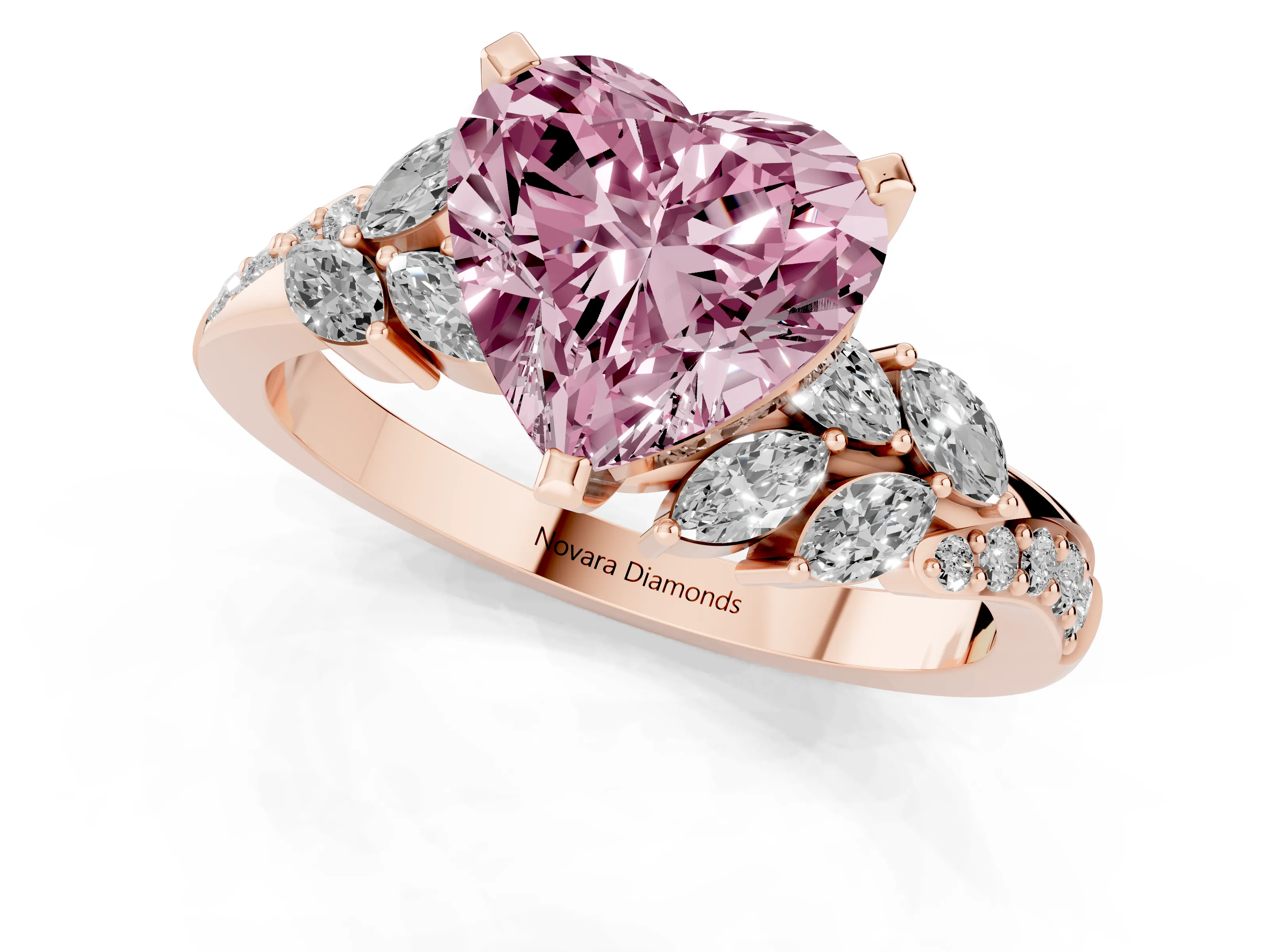 Fancy Pink Heart Cut Diamond Solitaire Ring Set in Rose gold with Marquise Twist Band and Prong Setting