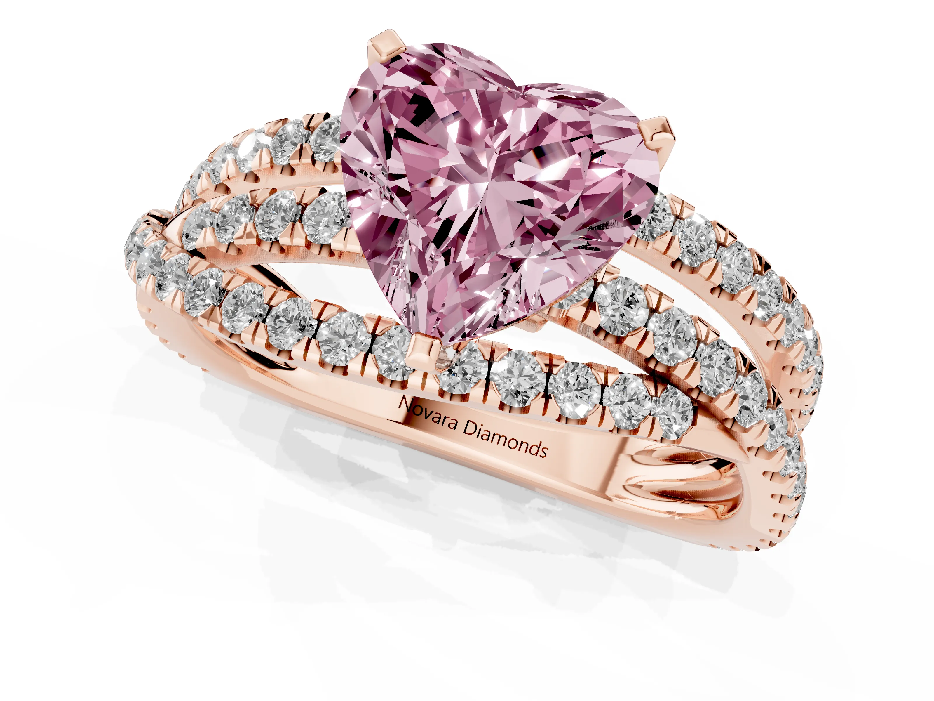 Fancy Pink Heart Cut Diamond Solitaire Twist Band Ring Set in Rose gold with Pavé Setting and Prong Head