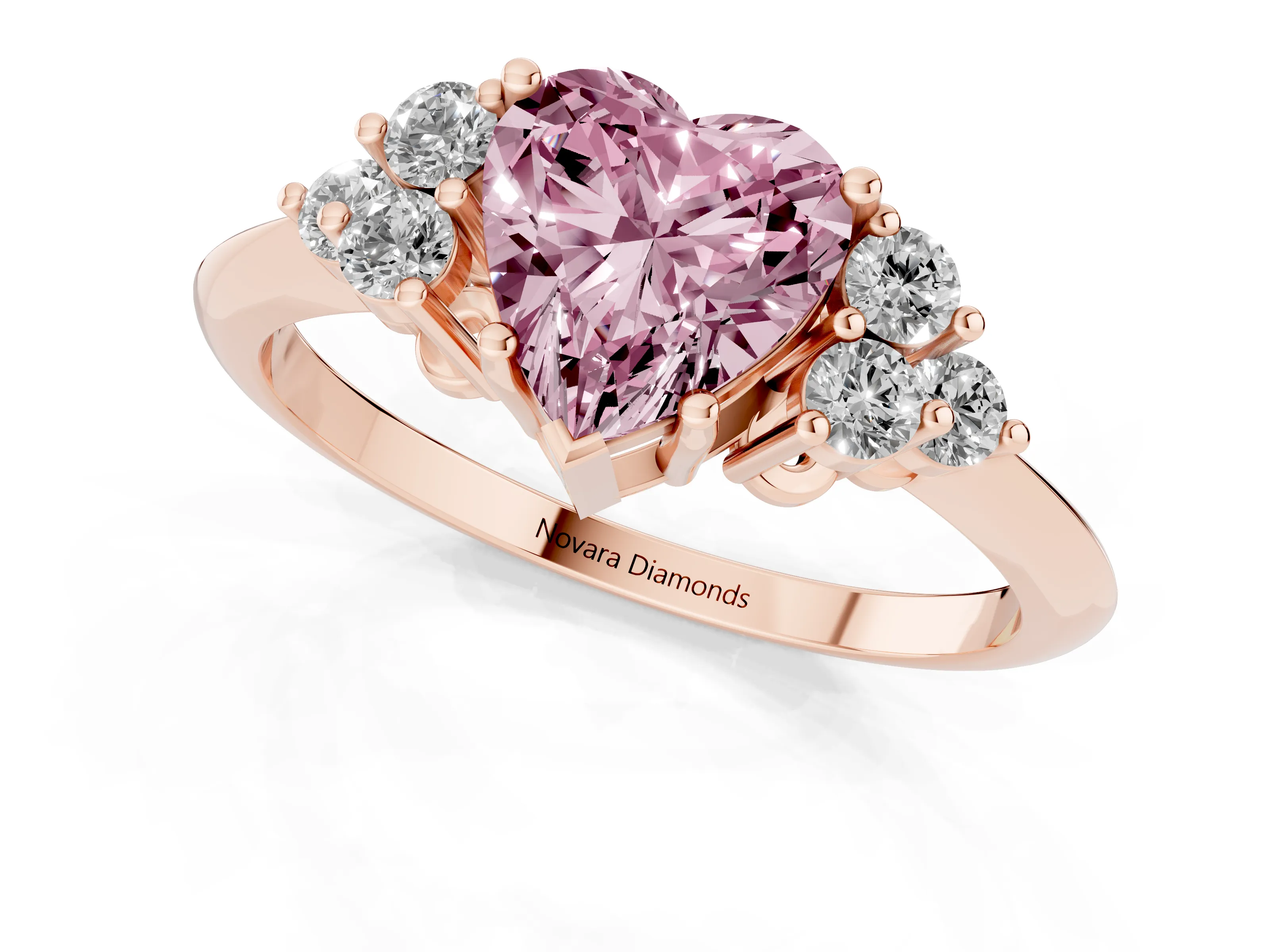 Fancy Pink Heart Cut Diamond Cluster Ring Set in Rose gold with Plain Band and Prong Setting