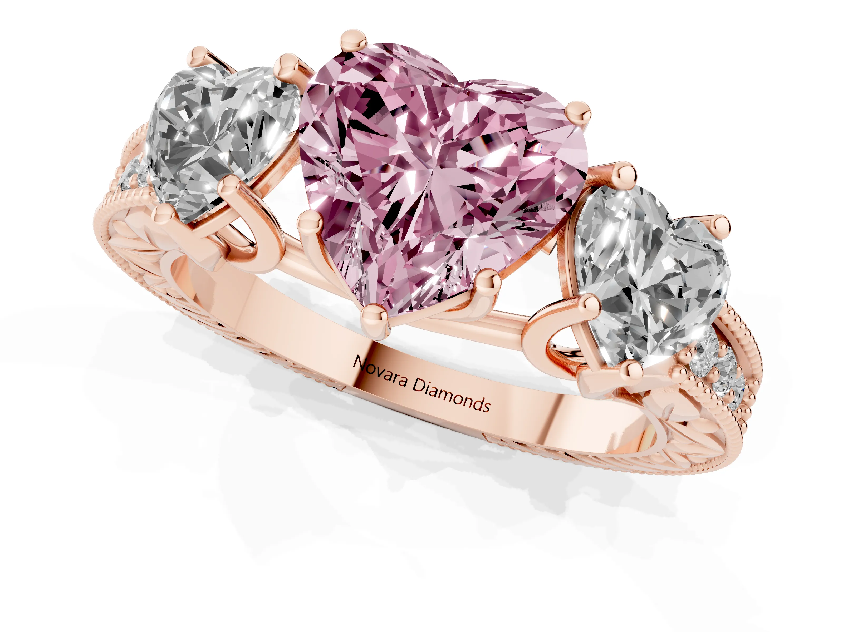 Fancy Pink Heart Cut Diamond Three-Stone Engagement Ring Set in Rose gold with Milgrain Pavé Band