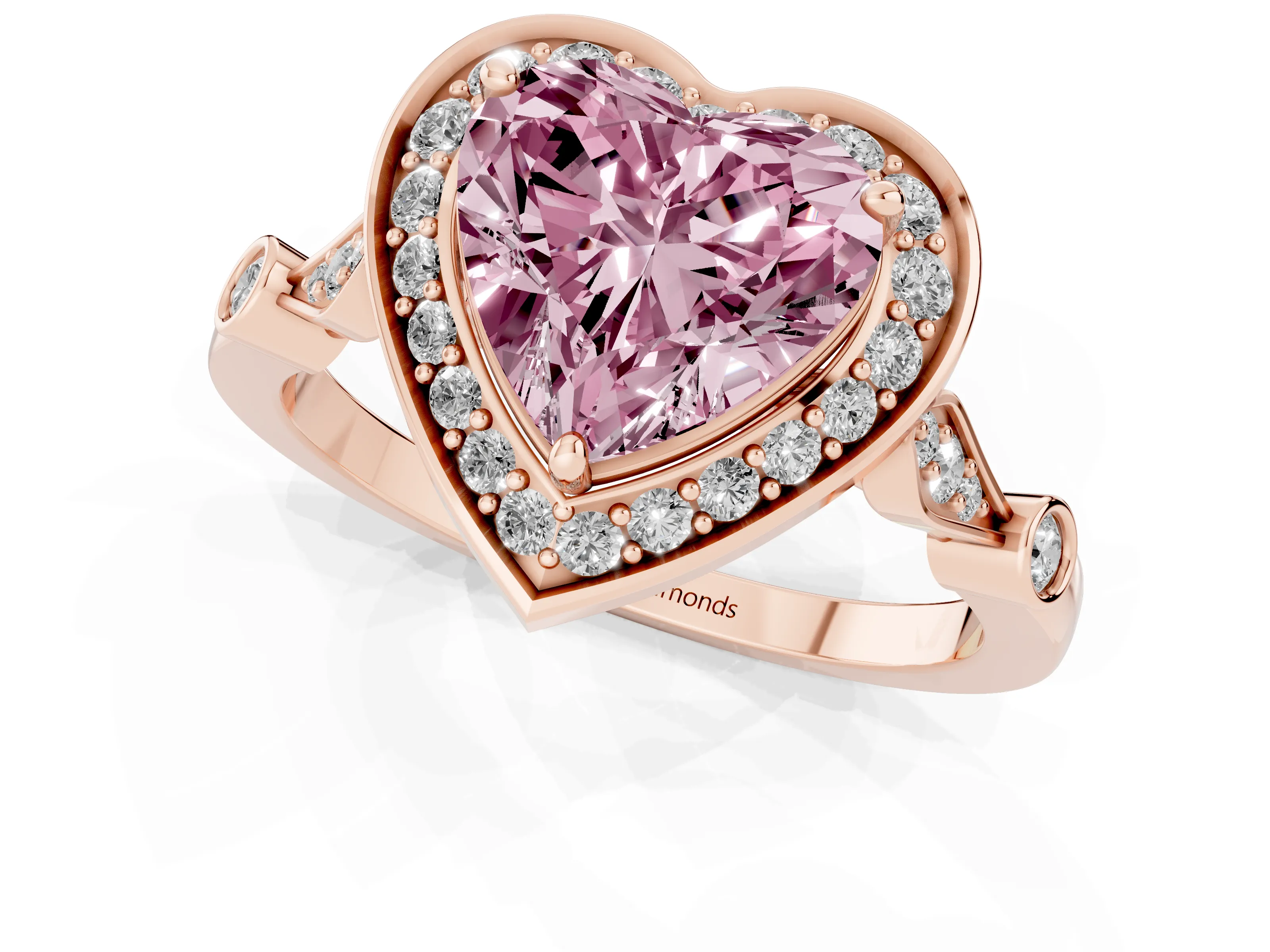 Fancy Pink Heart Cut Diamond Halo Engagement Ring Set in Rose gold with Twisted Band and Prong Setting