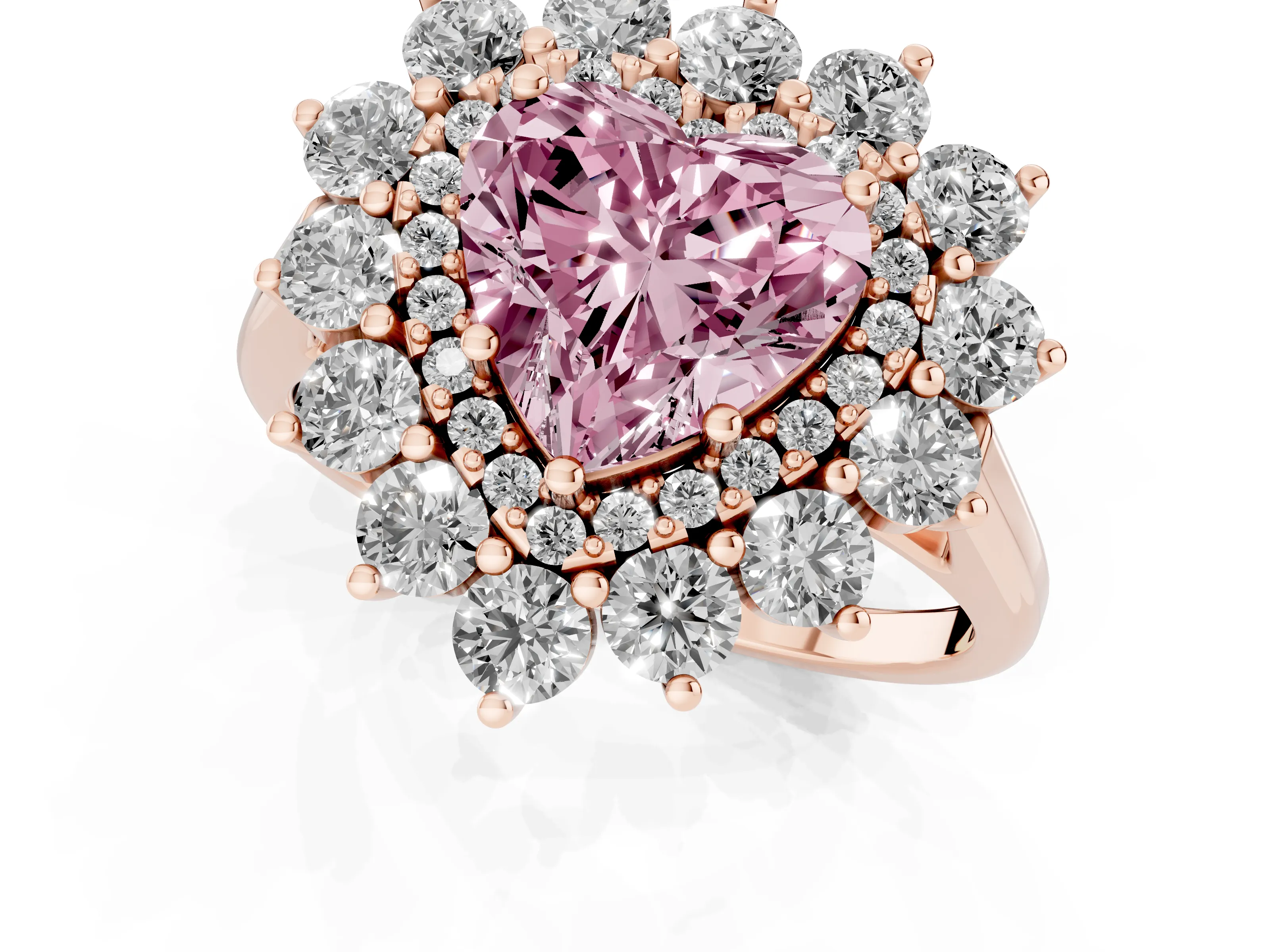Fancy Pink Heart Cut Diamond Floral Double Halo Ring Set in Rose gold with Round Petals
