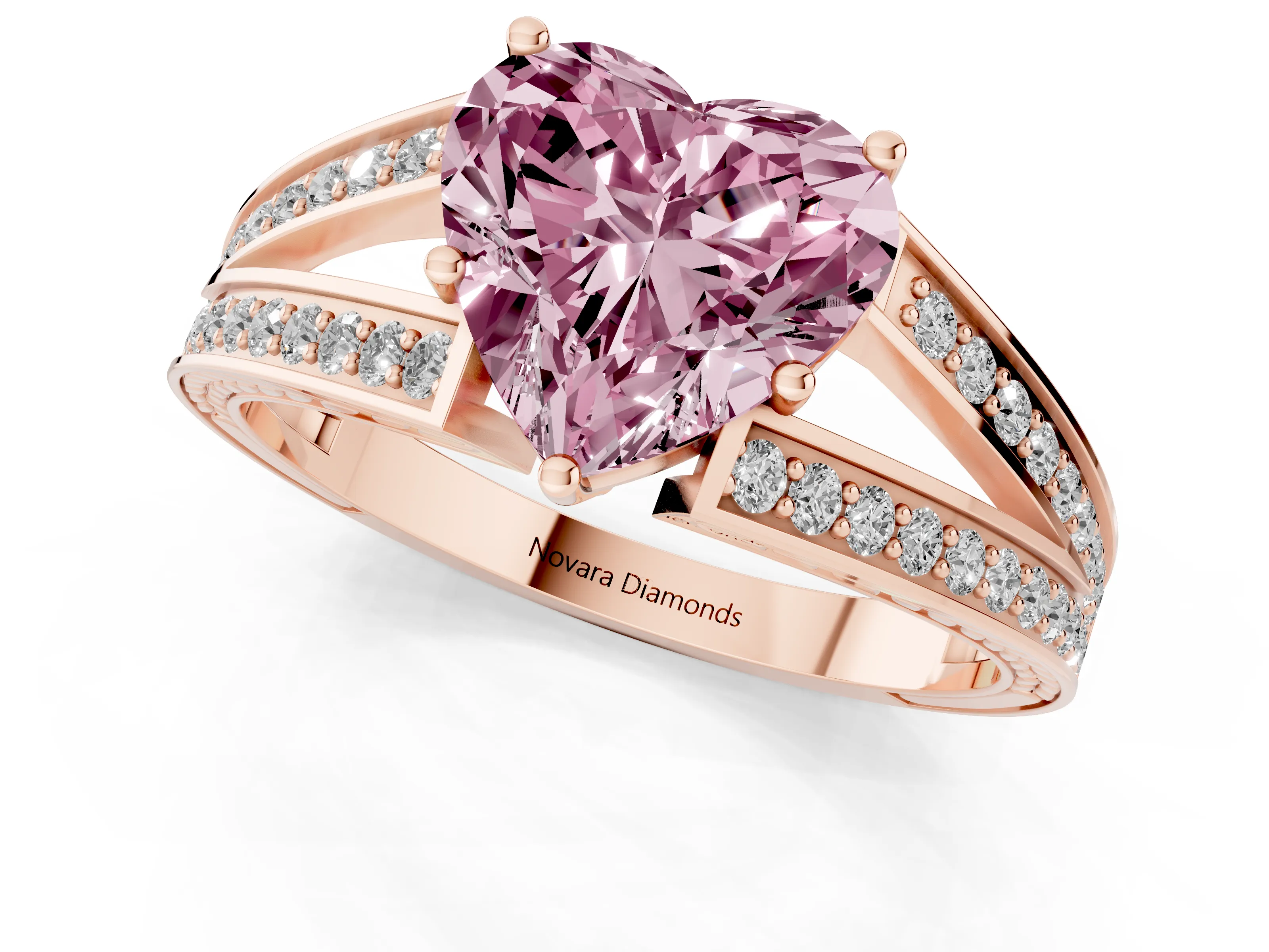 Fancy Pink Heart Cut Diamond Split Shank Ring Set in Rose gold with Pavé Band and Prong Setting
