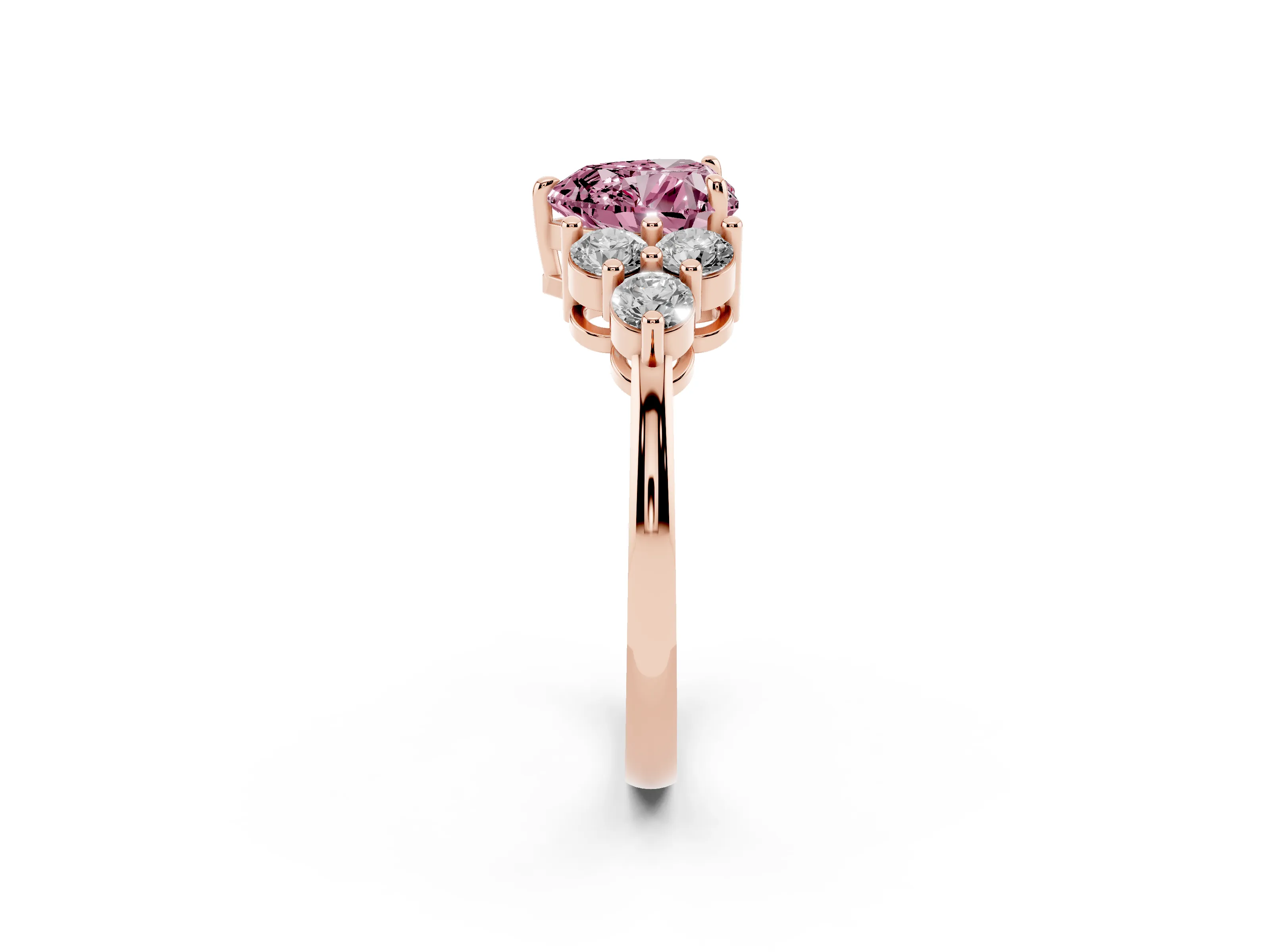 Fancy Pink Heart Cut Diamond Solitaire Ring Set in Rose gold with Cluster Accents on Each Side
