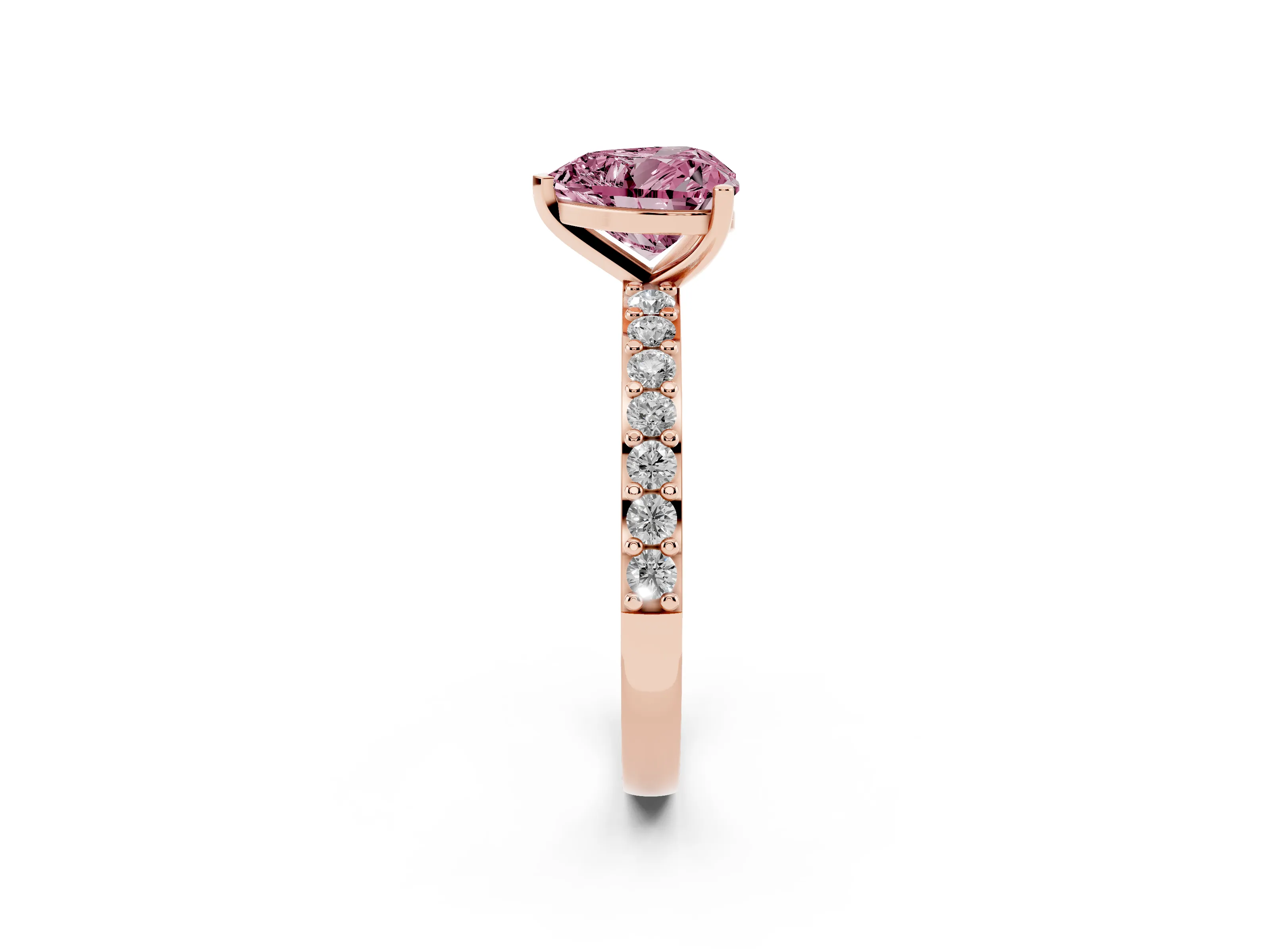 Fancy Pink Heart Cut Diamond Solitaire Set in Rose gold with Round Pavé Band and Prong Setting