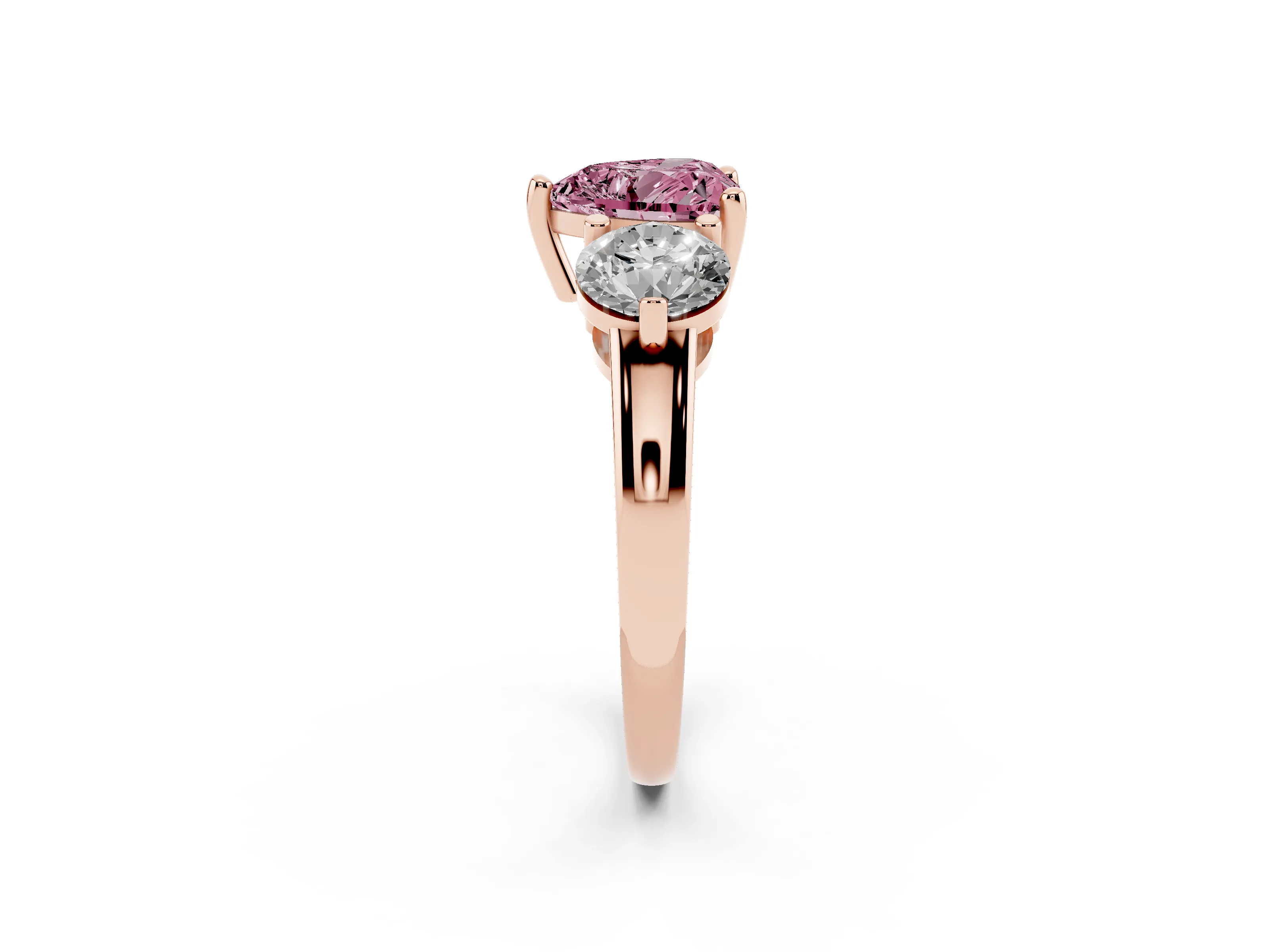 Fancy Pink Heart Cut Diamond Three-Stone Ring Set in Rose gold with Prong Setting and Classic Band