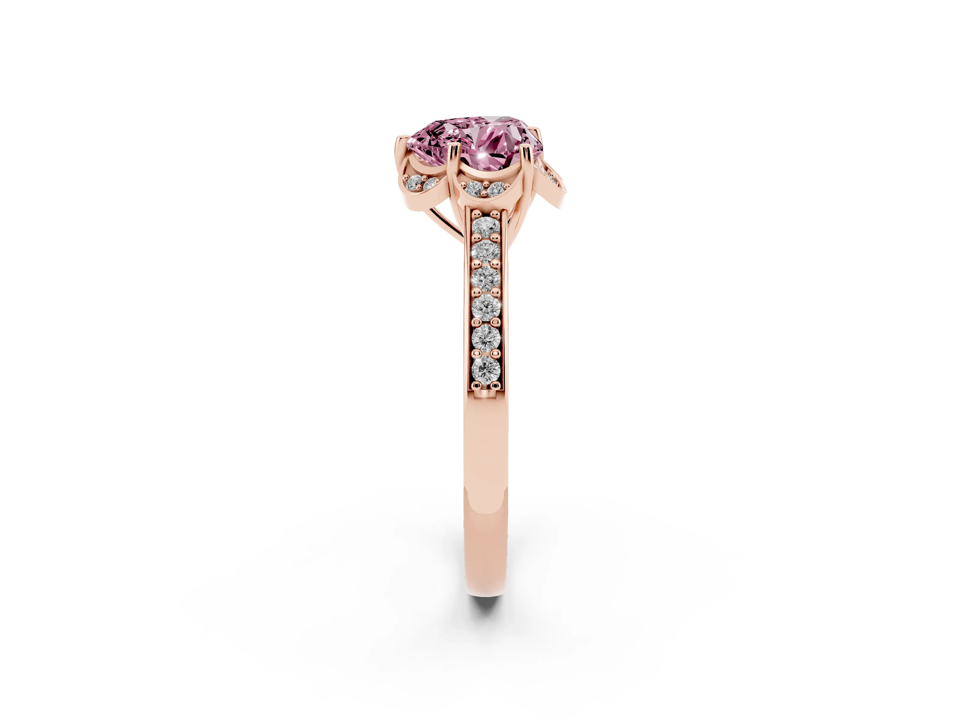 Fancy Pink Heart Cut Diamond Halo Ring Set in Rose gold with Channel Set Band and Prong Setting