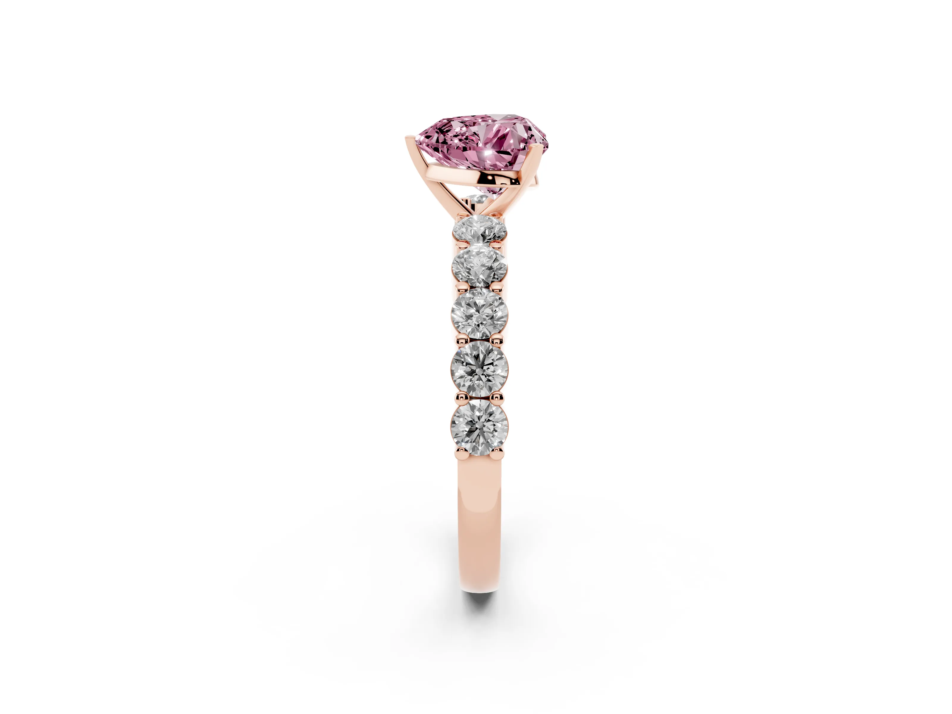 Fancy Pink Heart Cut Diamond Solitaire Ring Set in Rose gold with Shared Prong Round Side Stones