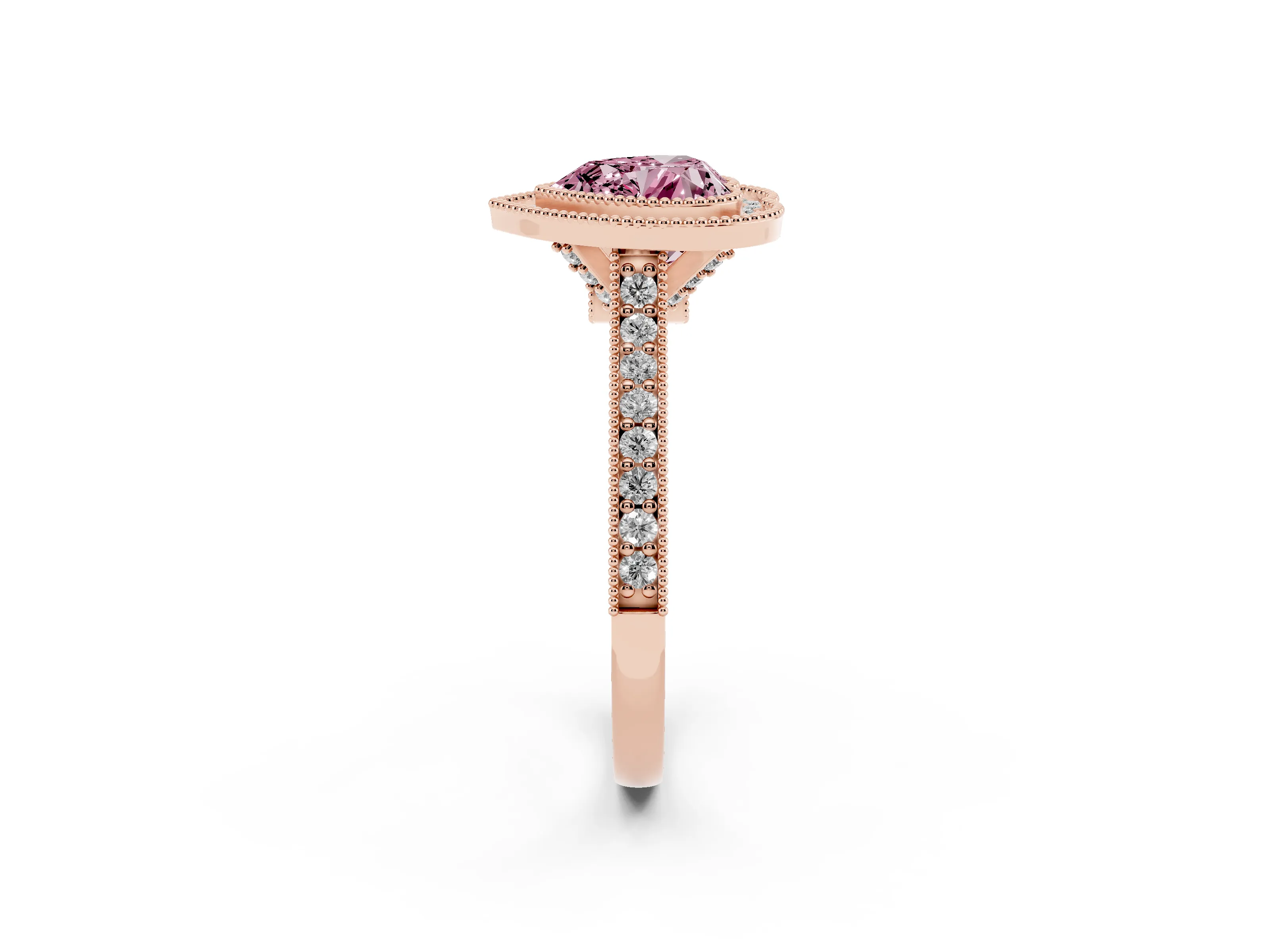 Fancy Pink Heart Cut Diamond Halo Milgrain Pavé Band Ring Set in Rose gold with Prong Setting