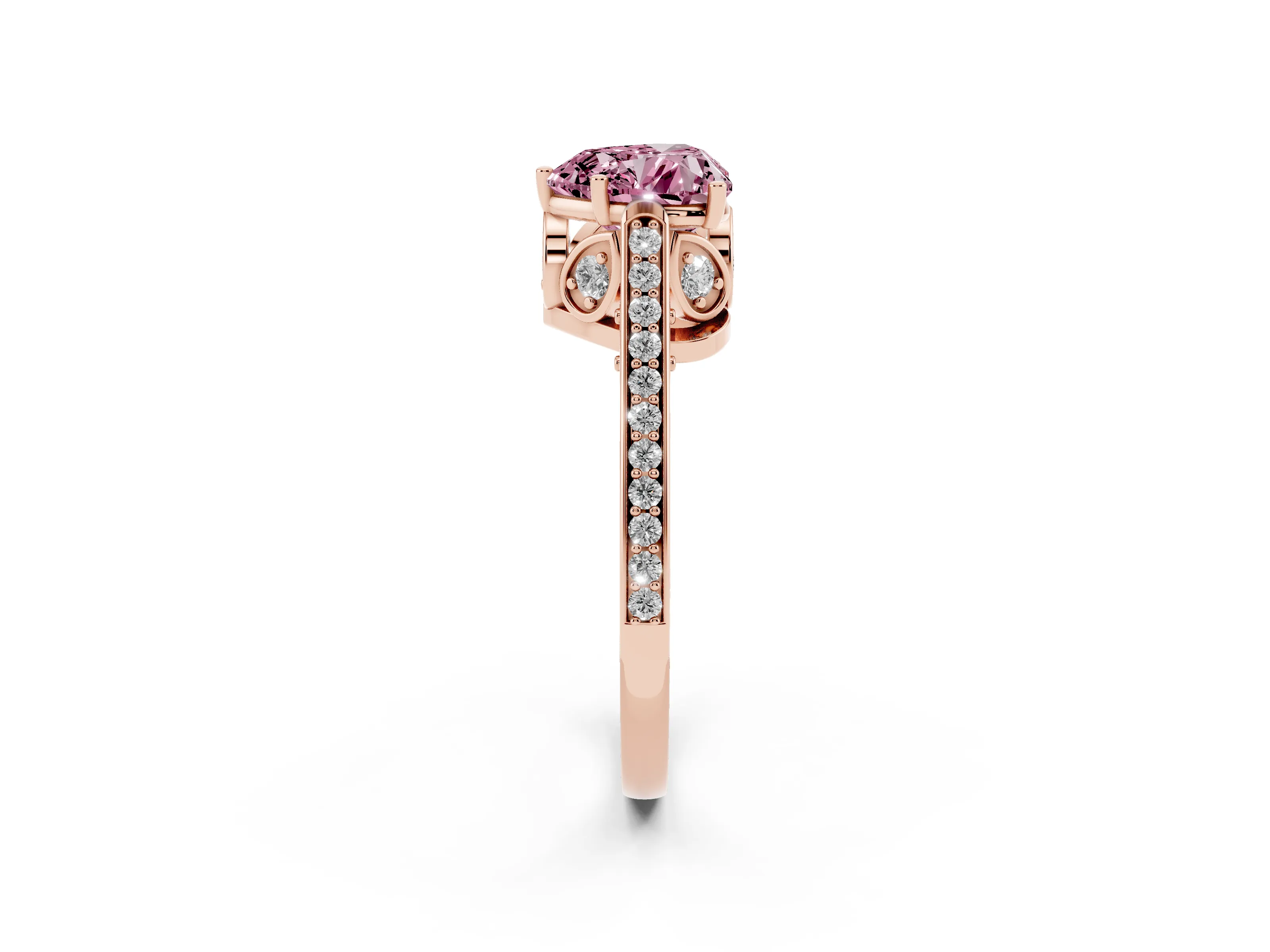 Fancy Pink Heart Cut Diamond Cathedral Pavé Engagement Ring Set in Rose gold with Prong Setting