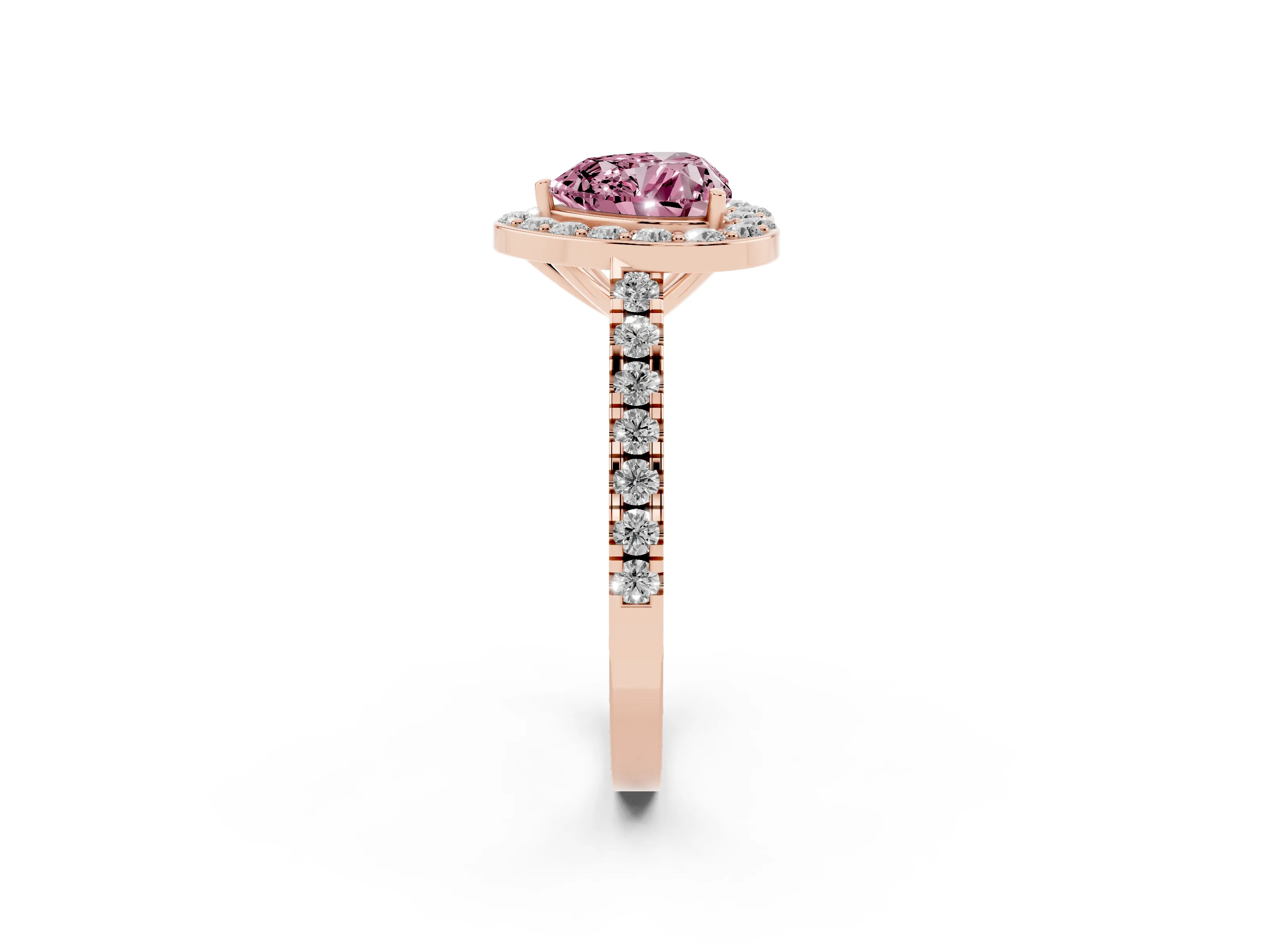 Fancy Pink Heart Cut Diamond Halo Ring Set in Rose gold with Round Pavé Split Shank and Prong Setting
