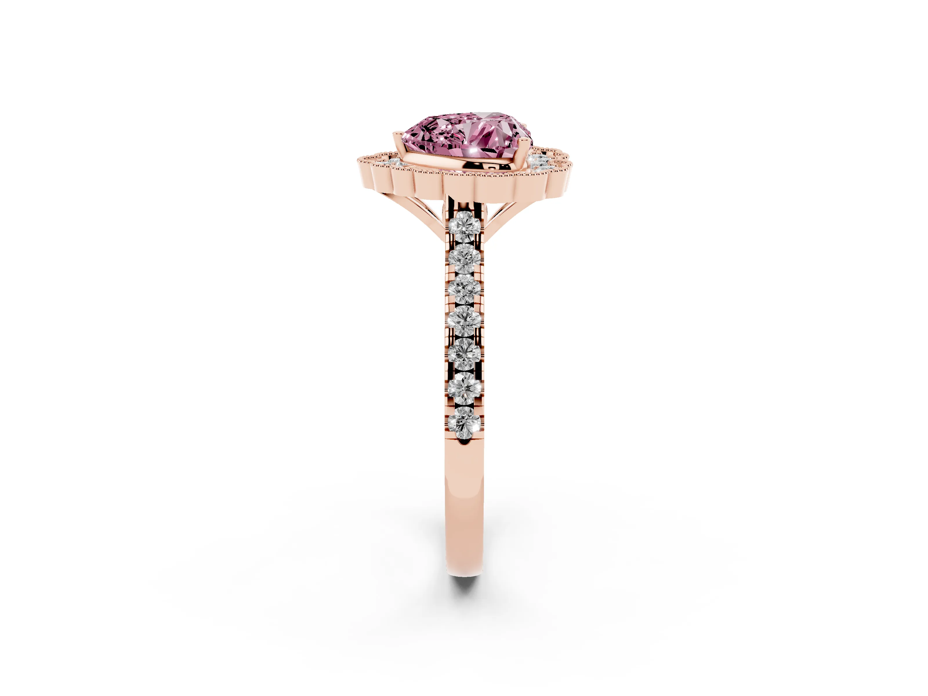 Fancy Pink Heart Cut Diamond Milgrain Floral Halo Engagement Ring Set in Rose gold with Pavé Band
